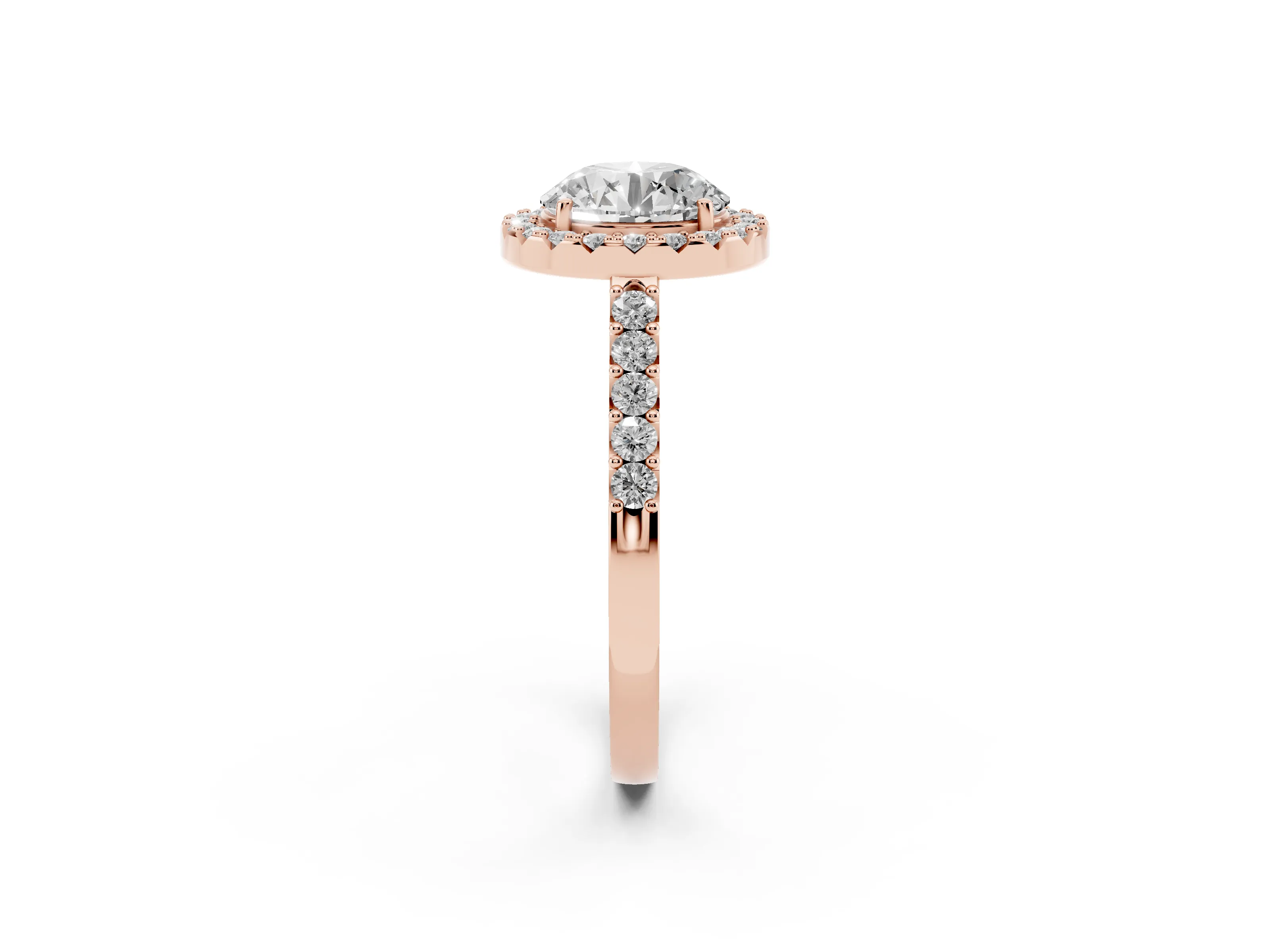 Round Cut Diamond Halo Pavé Solitaire Ring Set in Rose gold with Prong-Set Center Stone