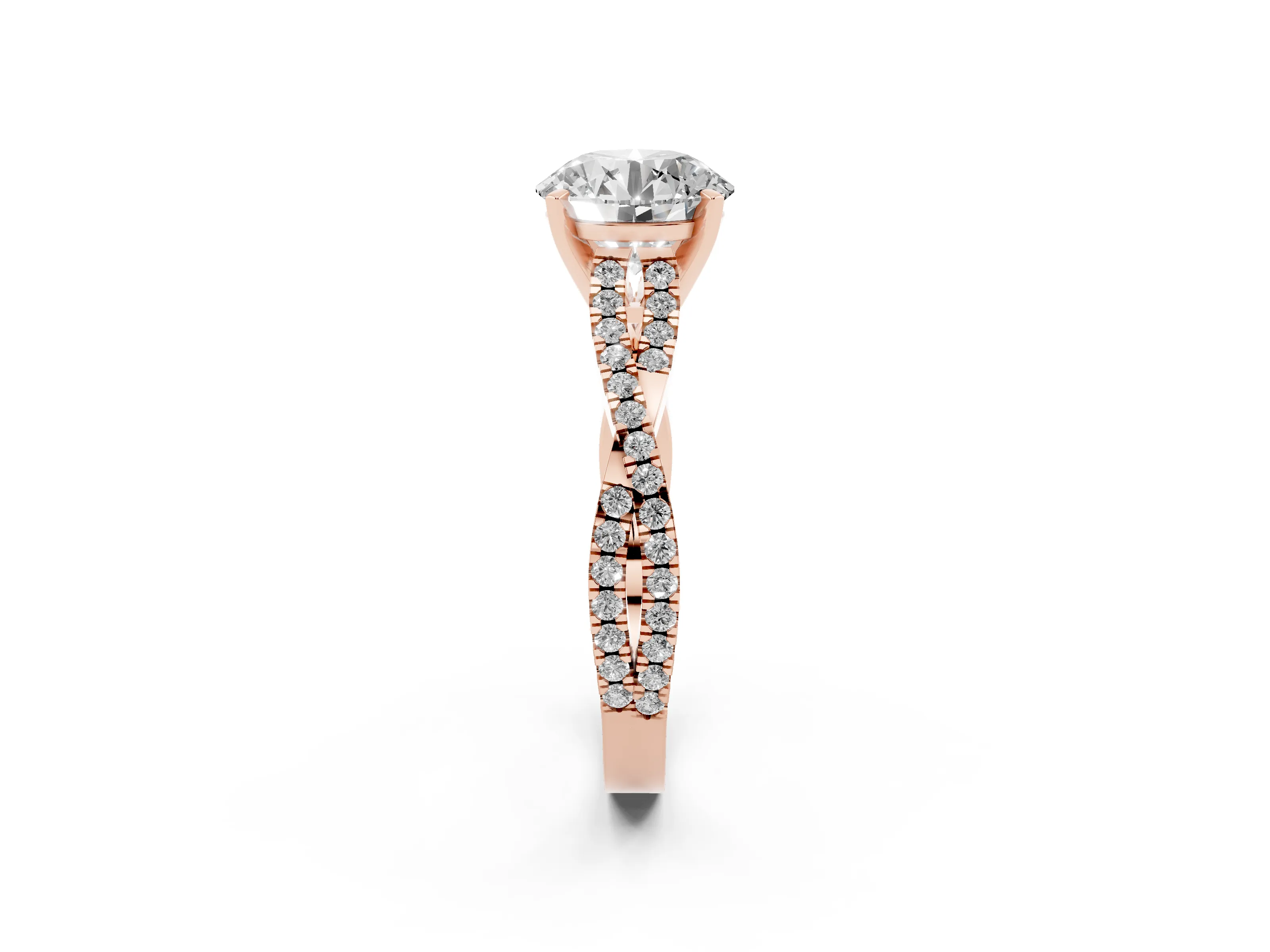 Round Cut Diamond Solitaire Engagement Ring Set in Rose gold with Twisted Pavé Band and Prong Setting
