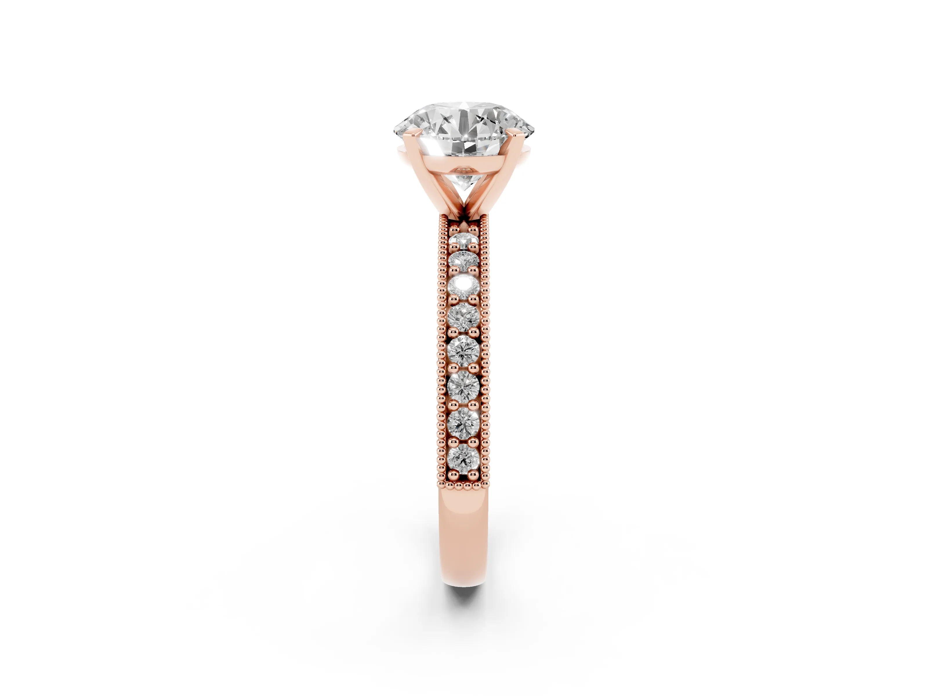 Round Cut Diamond Milgrain Pavé Engagement Ring Set in Rose gold with Prong Setting