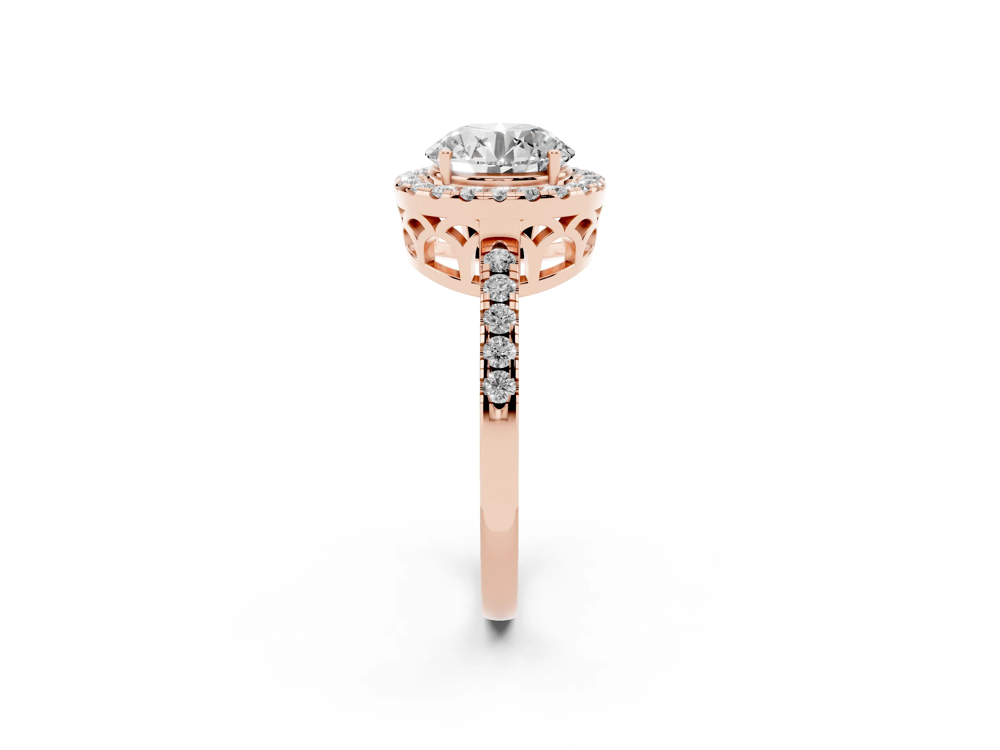 Round Cut Diamond Pavé Band Halo Engagement Ring Set in Rose gold with Prong Setting
