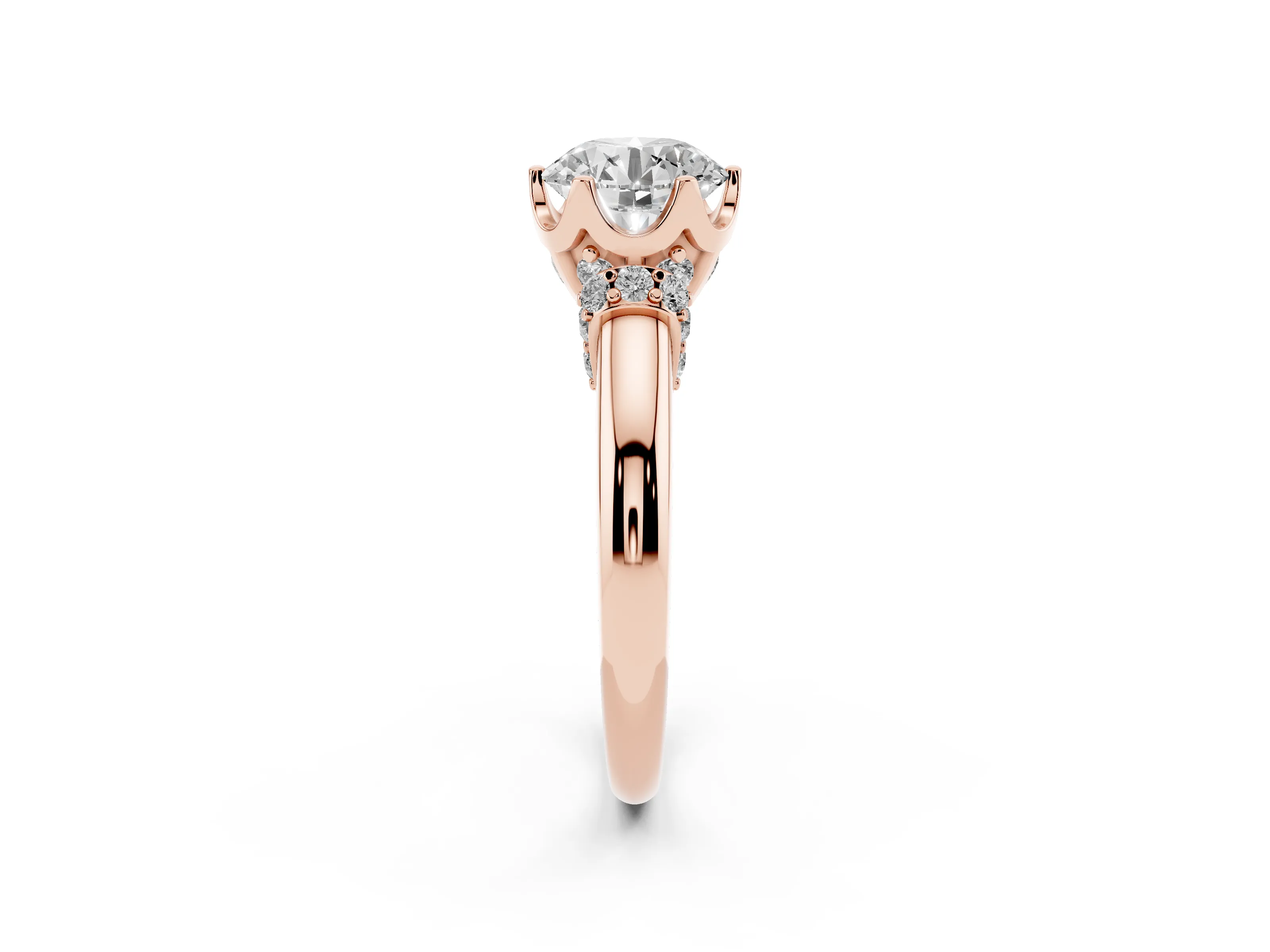 Round Cut Diamond Cathedral Solitaire Engagement Ring Set in Rose gold with Pavé Accents