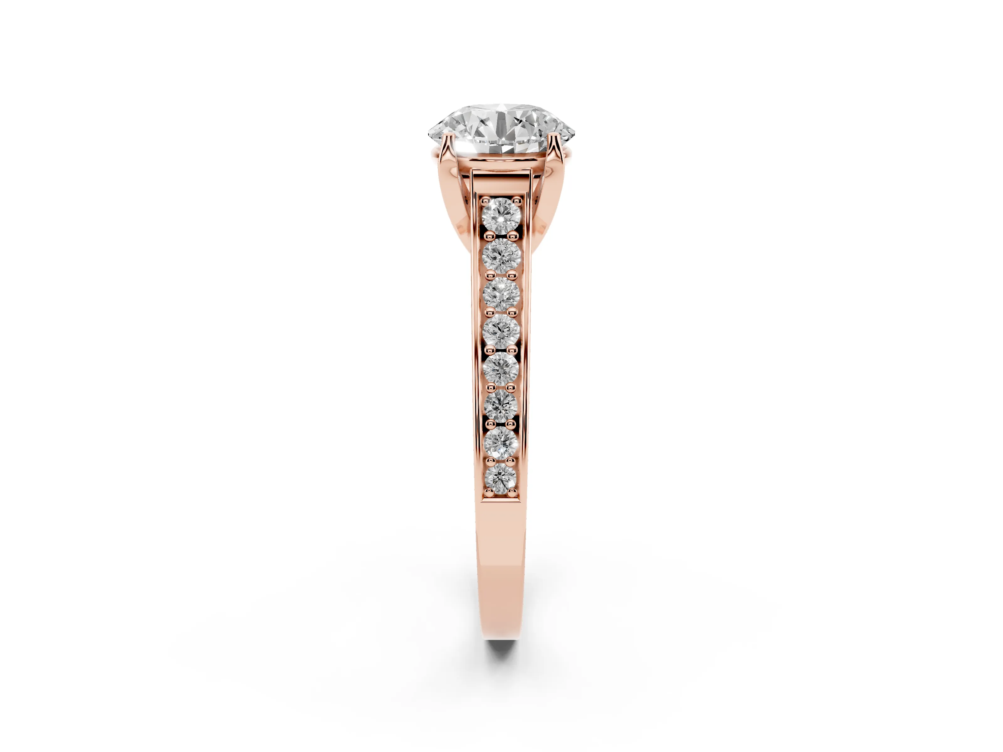 Round Cut Diamond Solitaire Pavé Engagement Ring Set in Rose gold with Prong Setting