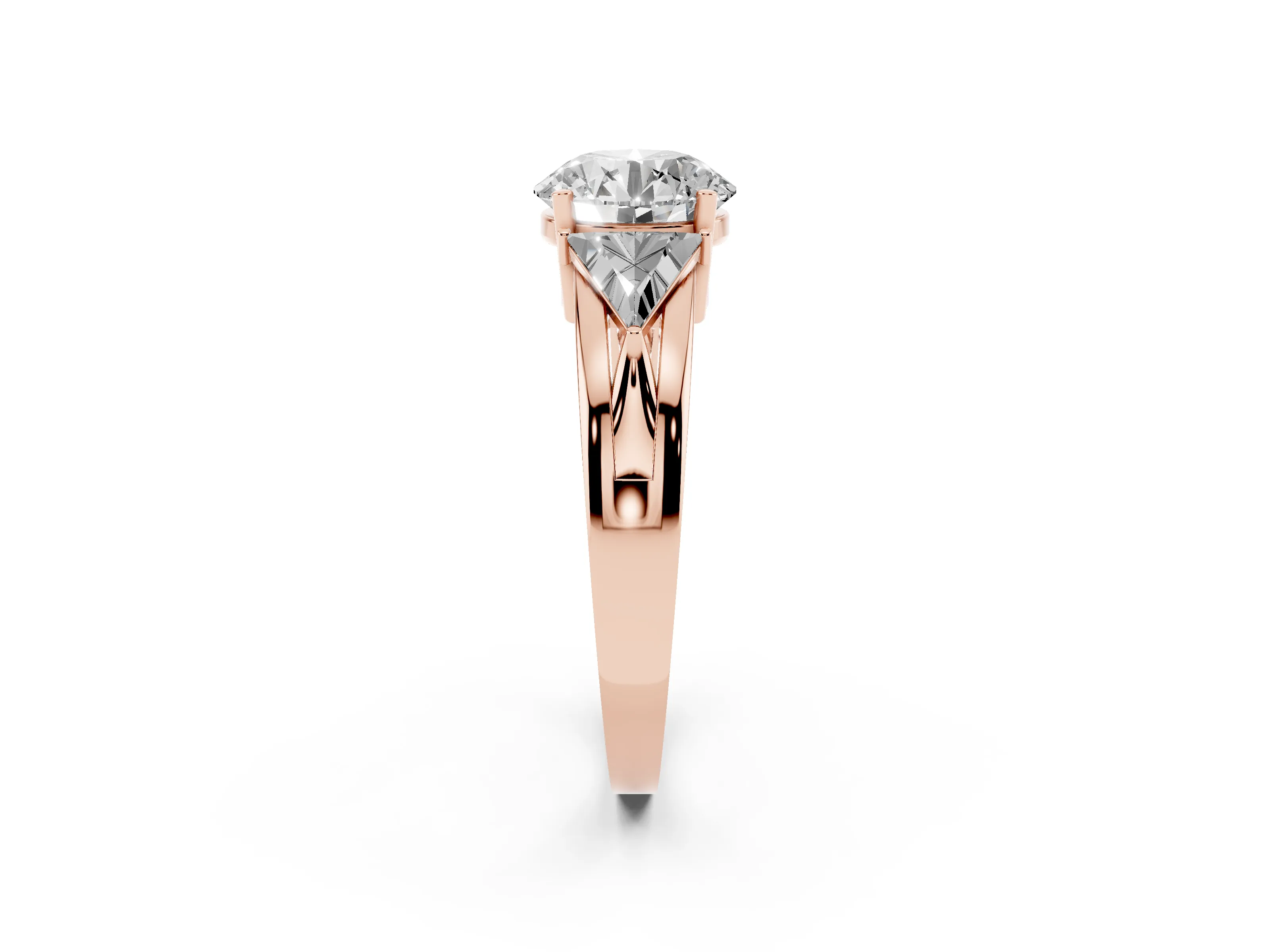 Round Cut Diamond Three-Stone Ring Set in Rose gold with Trillion Side Stones and Split Shank