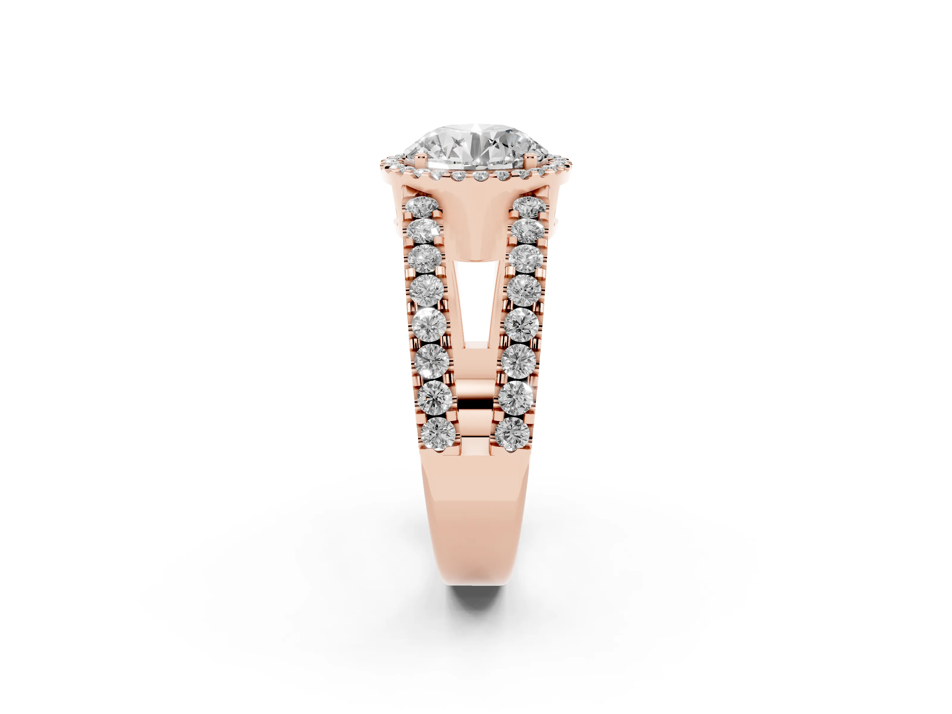 Round Cut Diamond Halo Ring Set in Rose gold with Pavé Split Shank and Prong Setting