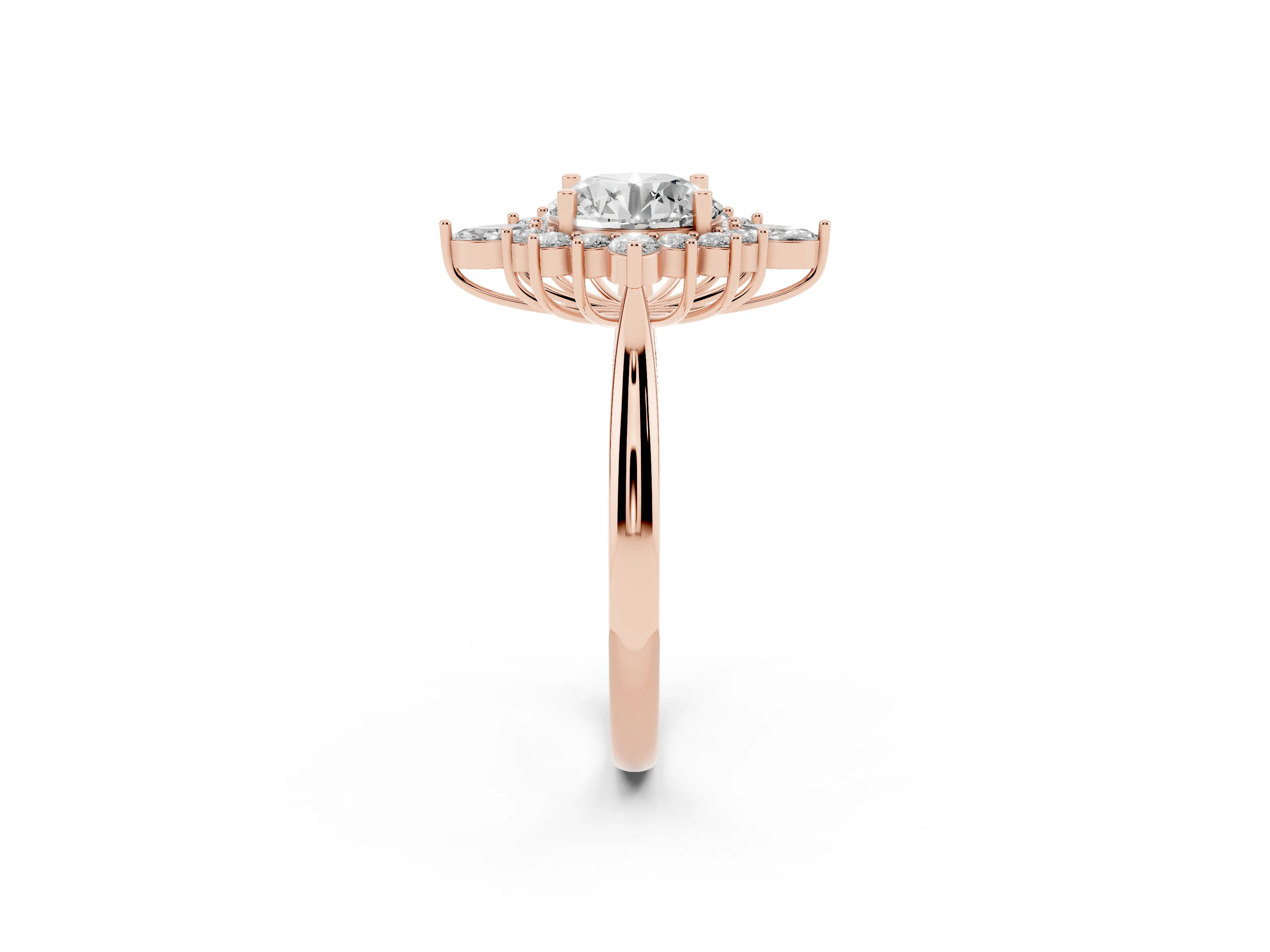 Round Cut Diamond Cluster Halo Ring Set in Rose gold with Marquise and Round Accents