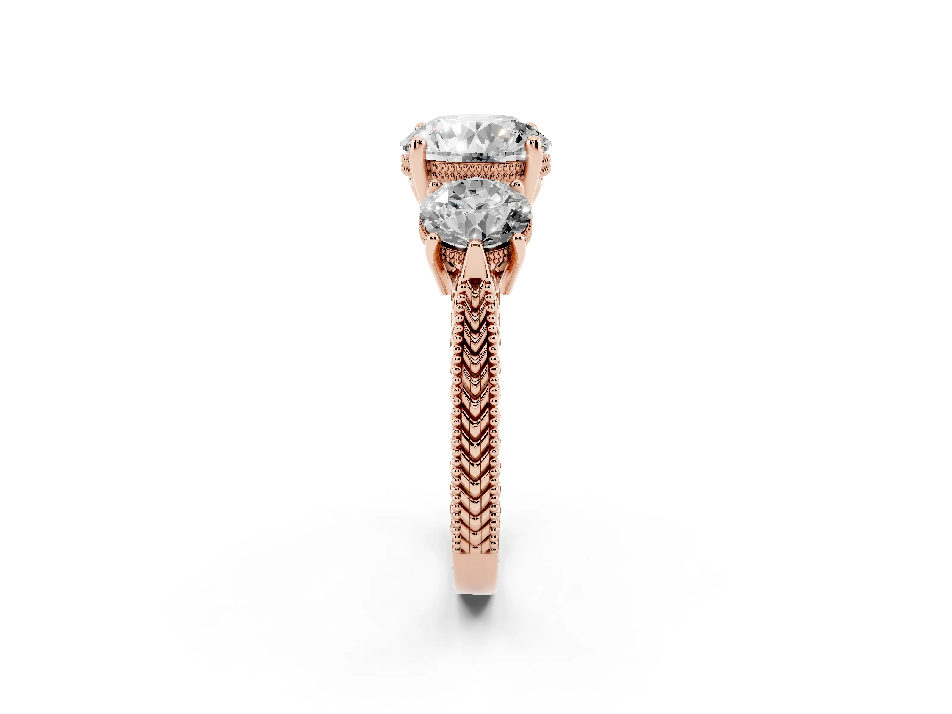 Round Cut Diamond Three-Stone Ring Set in Rose gold with Milgrain Band