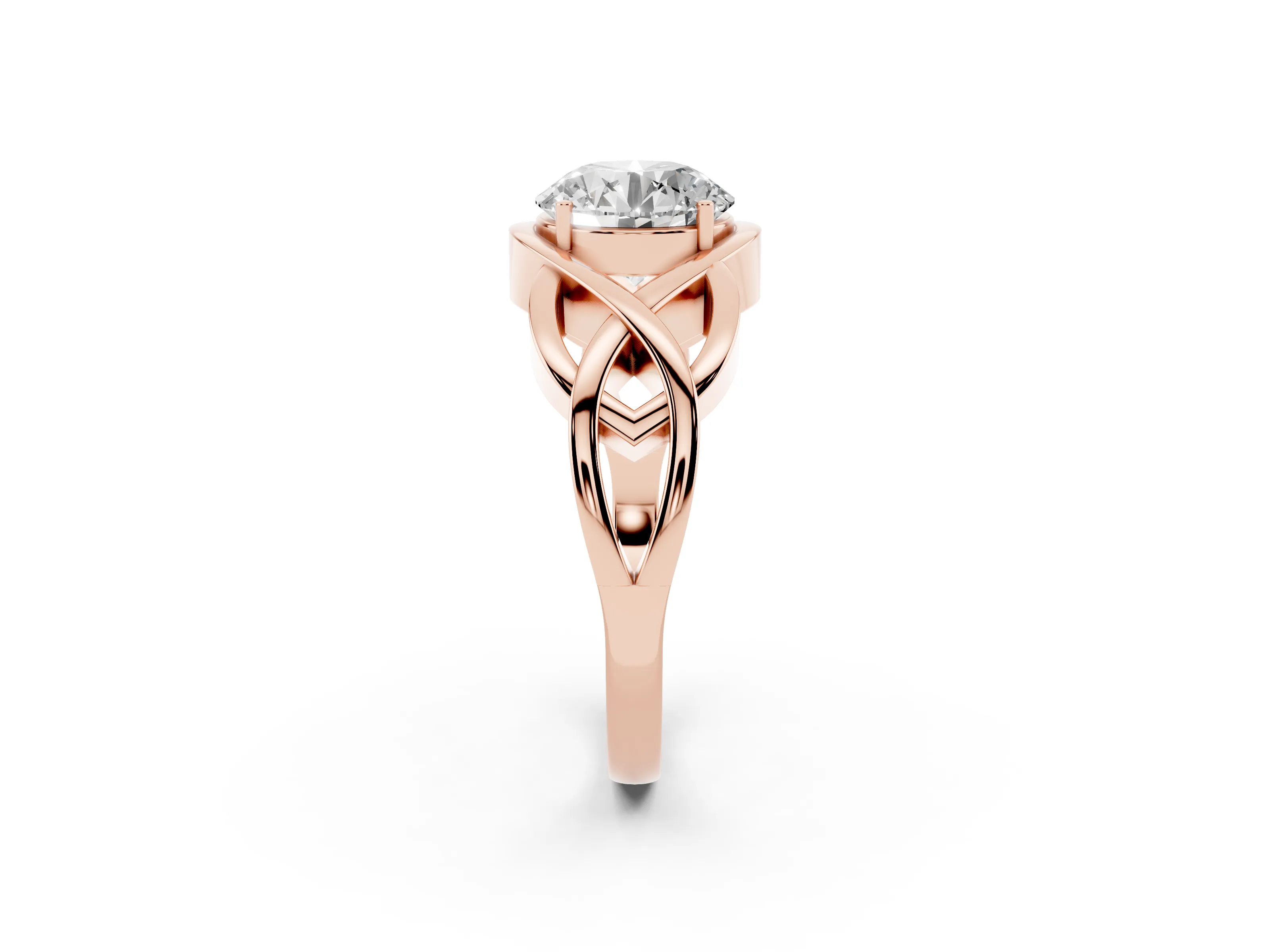 Round Cut Diamond Solitaire Ring Set in Rose gold with Intertwined Band