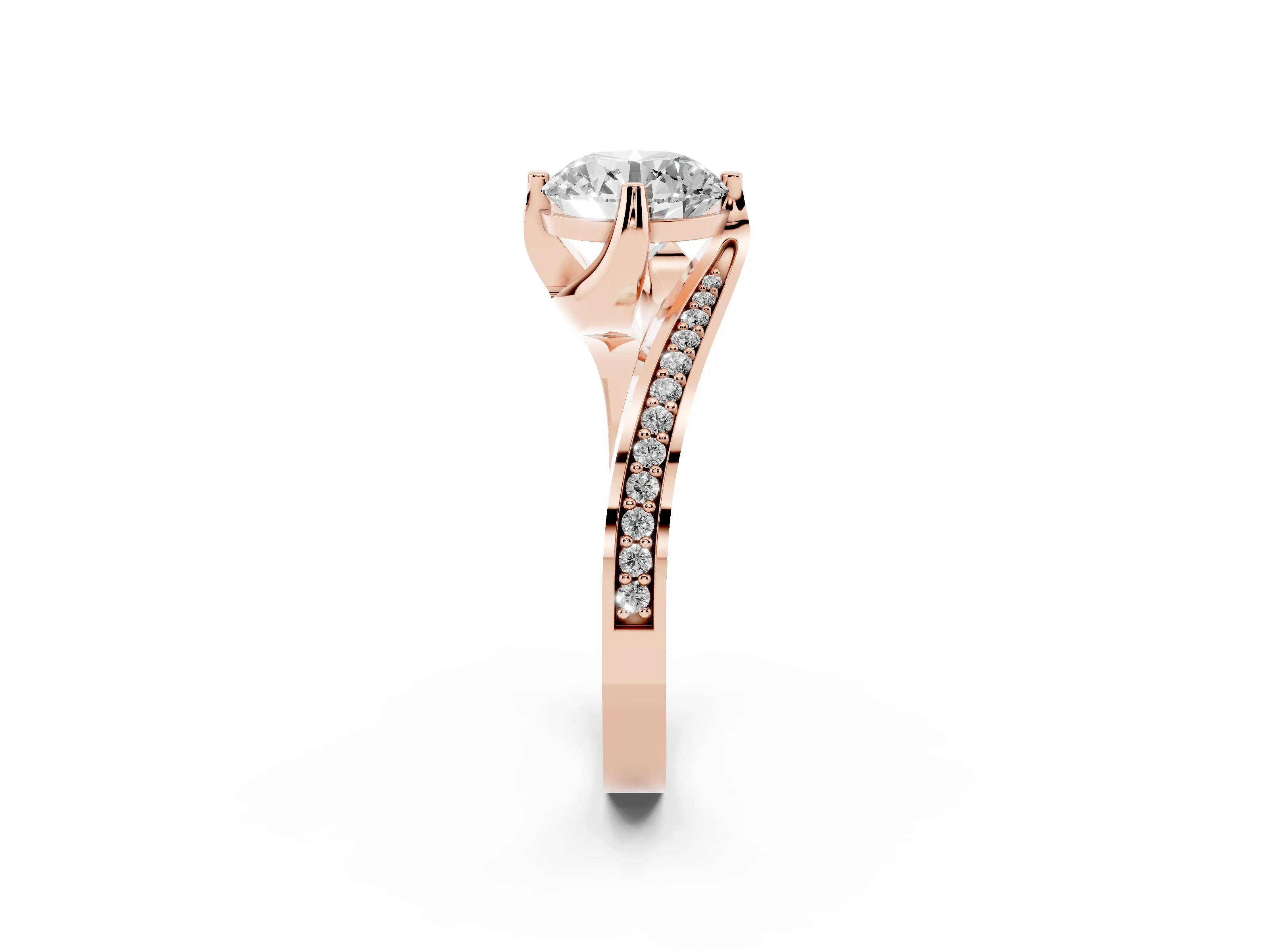 Round Cut Diamond Solitaire Ring Set in Rose gold with Intertwined Pavé Twist Band