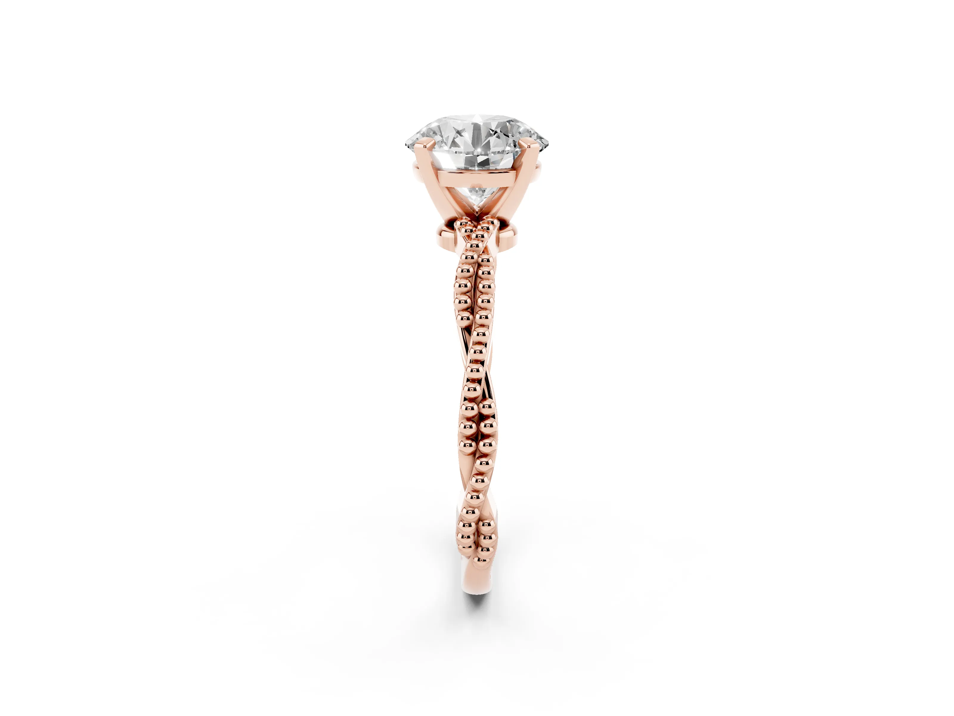 Round Cut Diamond Solitaire Ring Set in Rose gold with Twisted Band and Bead Prong Setting