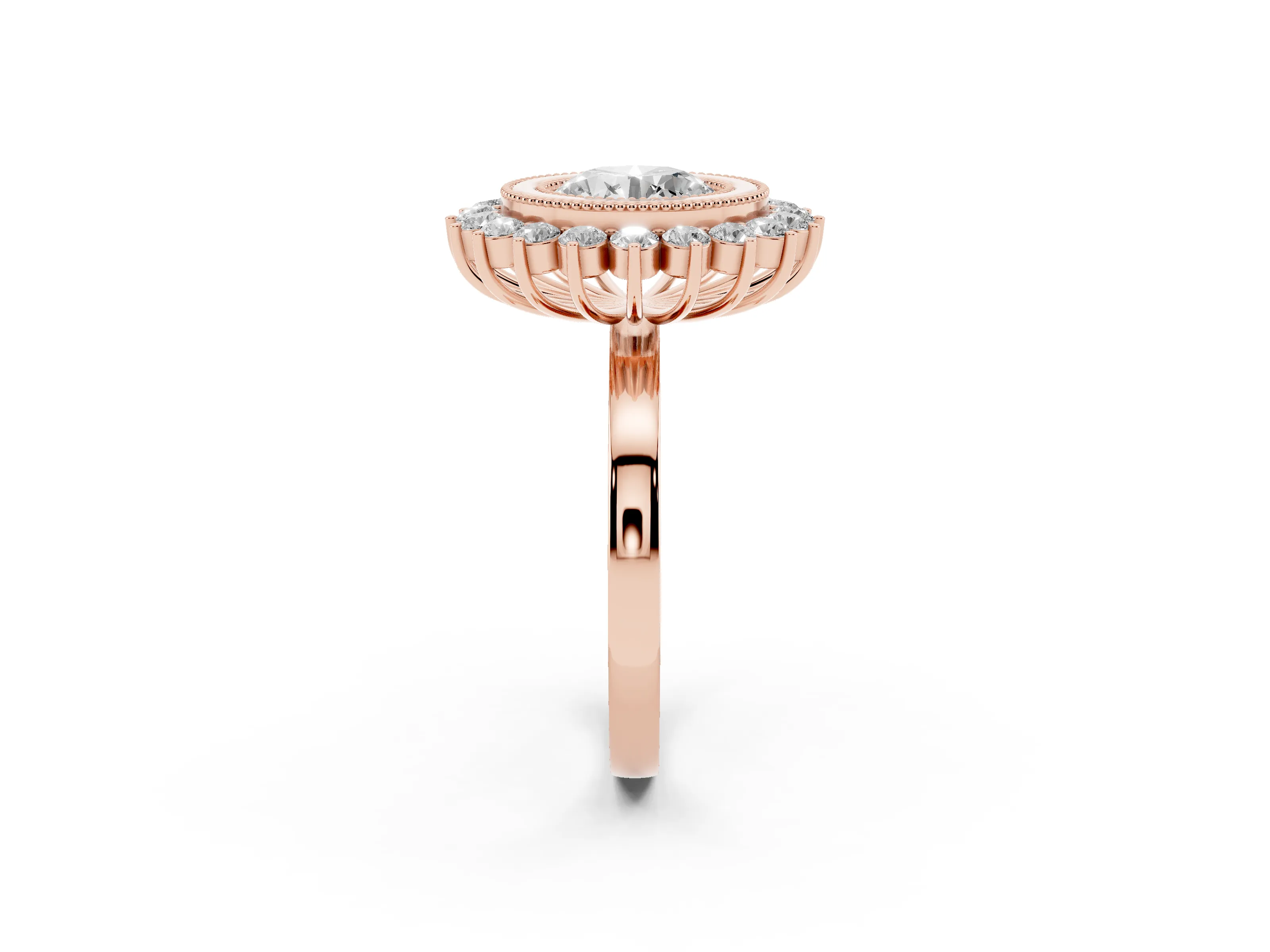 Round Cut Diamond Halo Ring Set in Rose gold with Milgrain Edge and Round Prong Setting