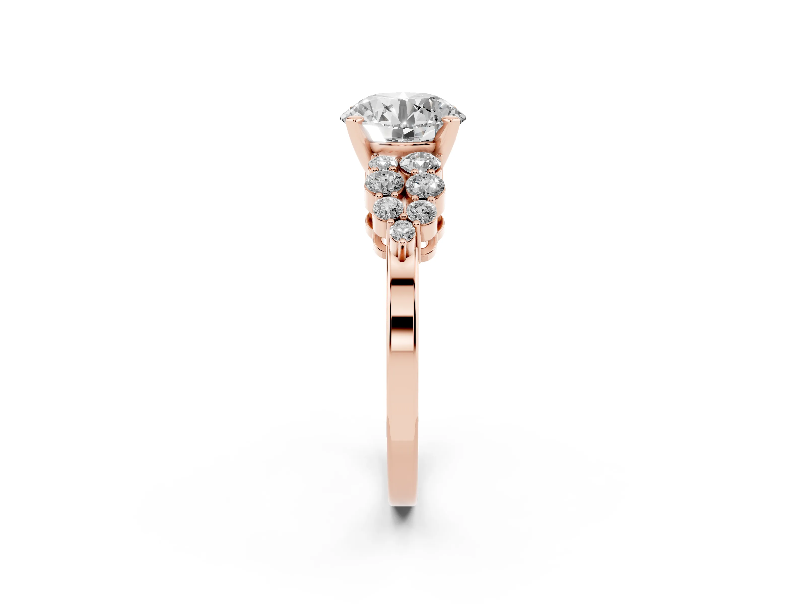 Round Cut Diamond Cluster Engagement Ring Set in Rose gold with Pavé Band and Prong Setting