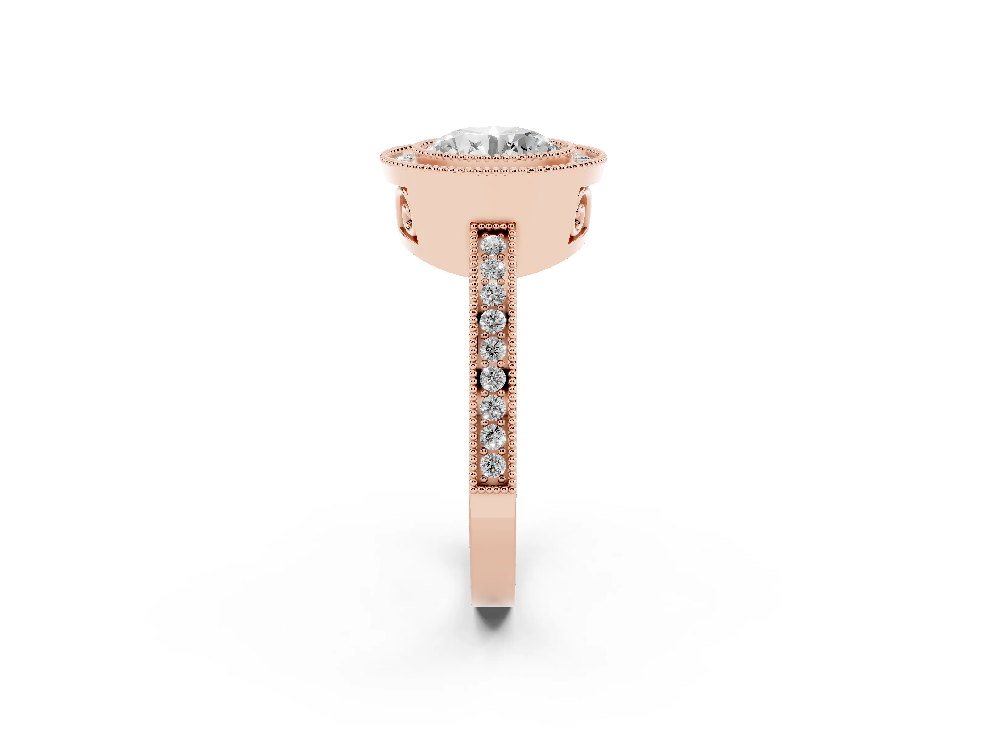 Round Cut Diamond Halo Ring Set in Rose gold with Pavé Band and Milgrain-Edged Prongs