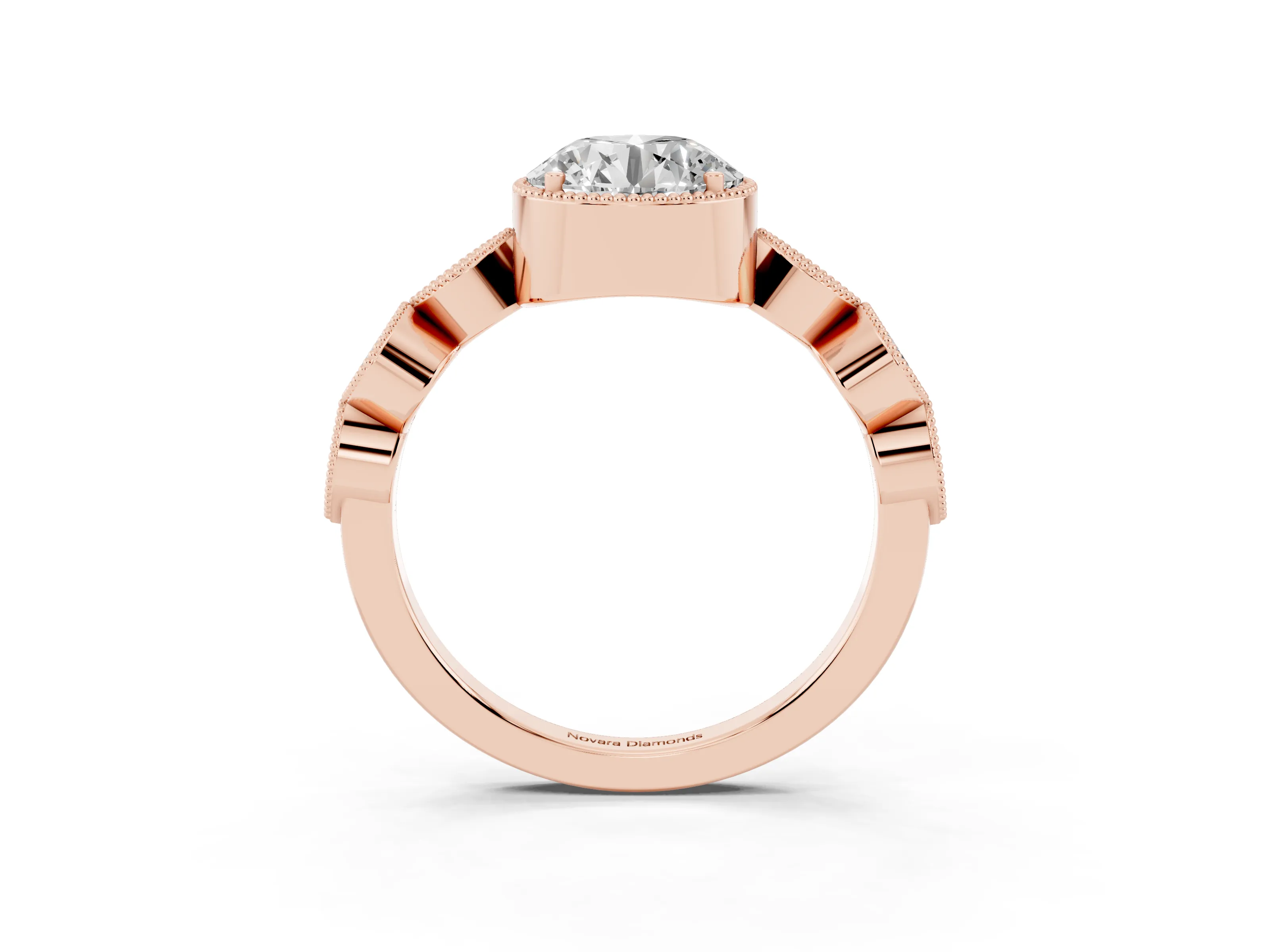 Round Cut Diamond Vintage-Inspired Milgrain Ring Set in Rose gold with Marquise Stations of Round Accents