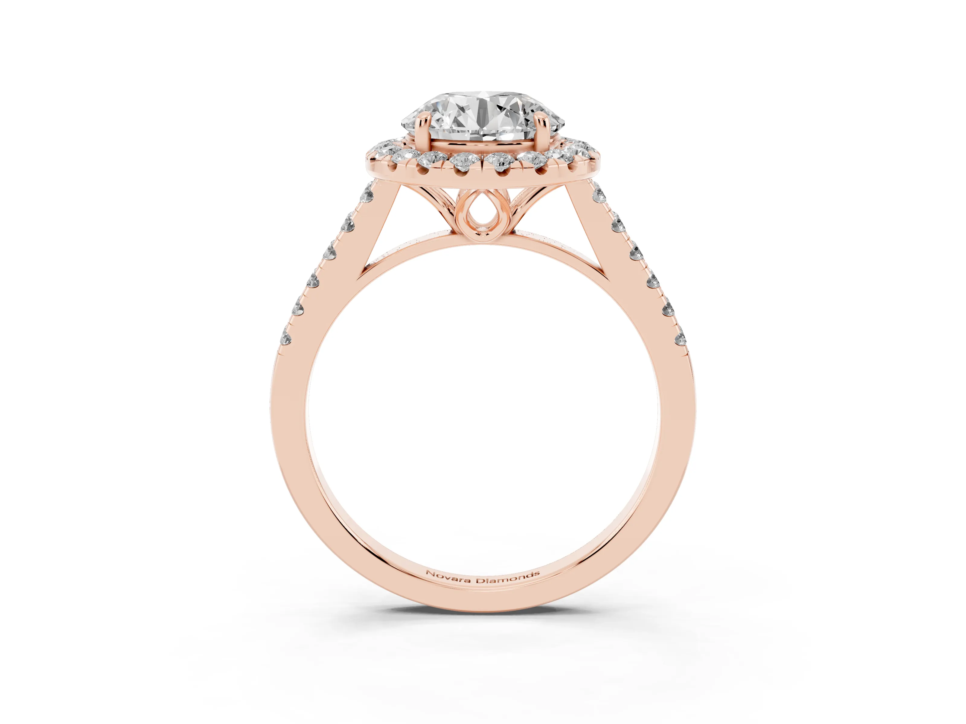 Round Cut Diamond Pavé Halo Engagement Ring Set in Rose gold with Pavé Band and Prong Setting