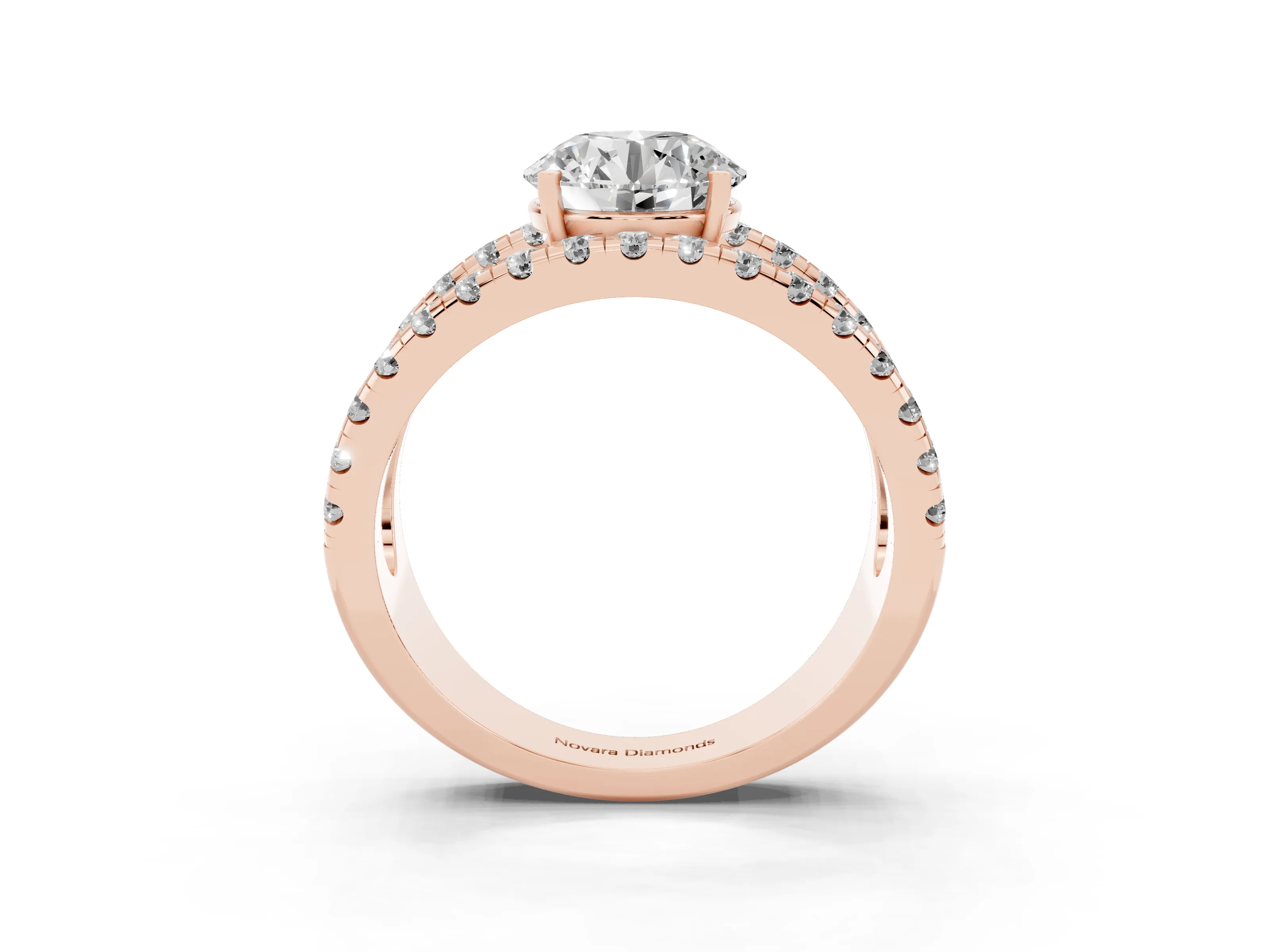 Round Cut Diamond Split Shank Pavé Solitaire Ring Set in Rose gold with Open Shank Design