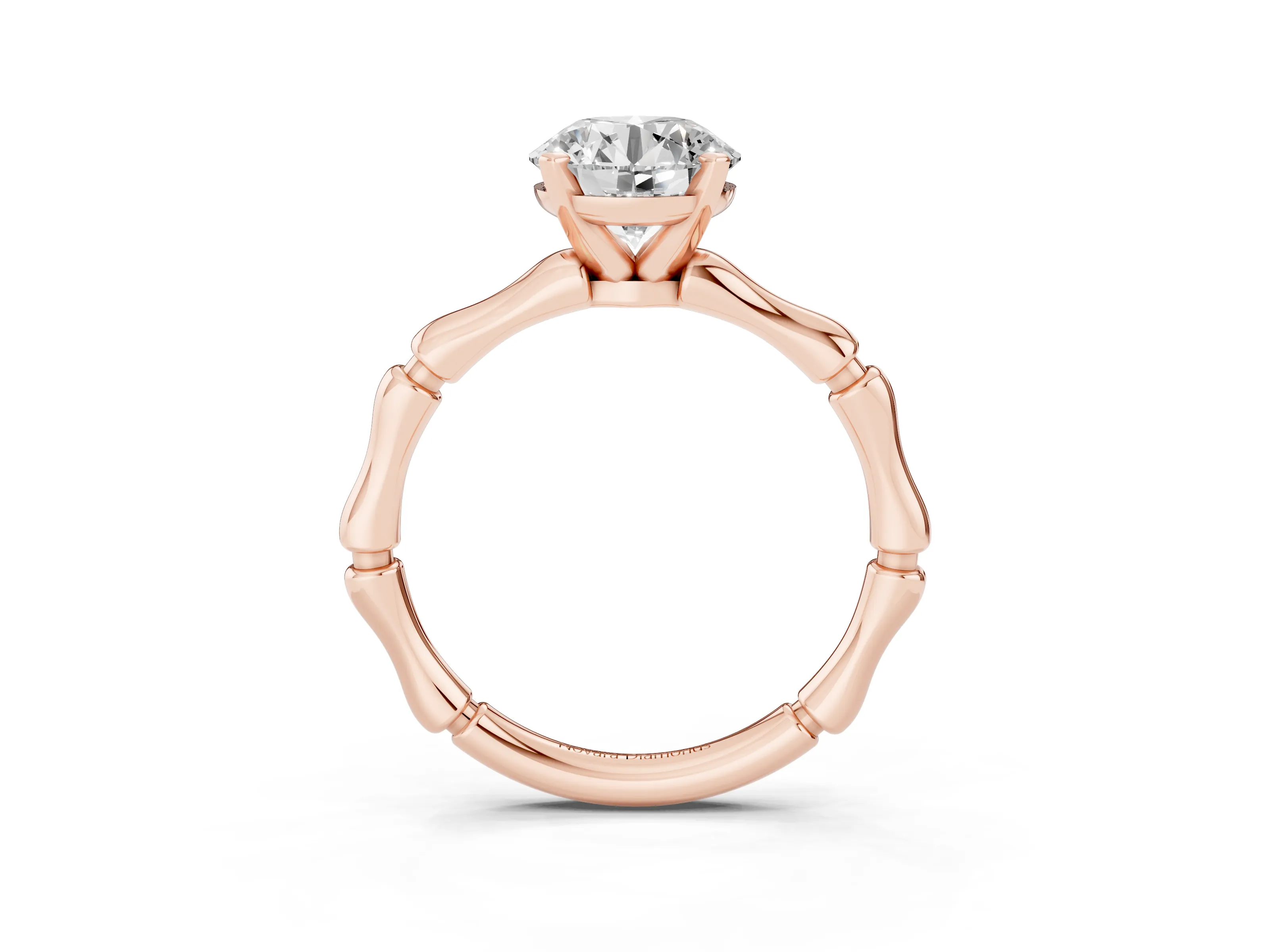 Round Cut Diamond Solitaire Ring Set in Rose gold with Bamboo Band and Prong Setting