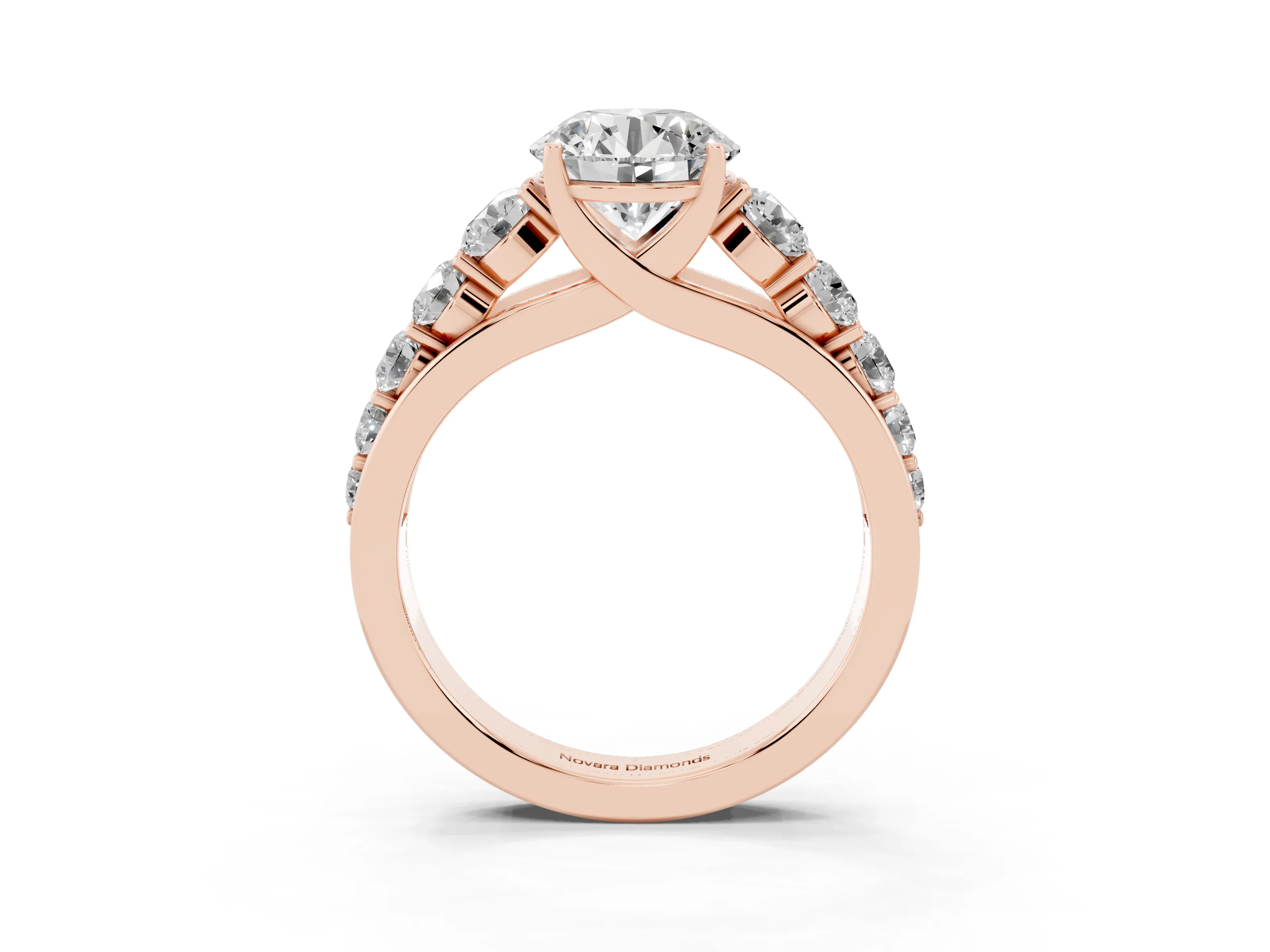 Round Cut Diamond Solitaire Ring Set in Rose gold with Pavé-Set Band and Prong Setting
