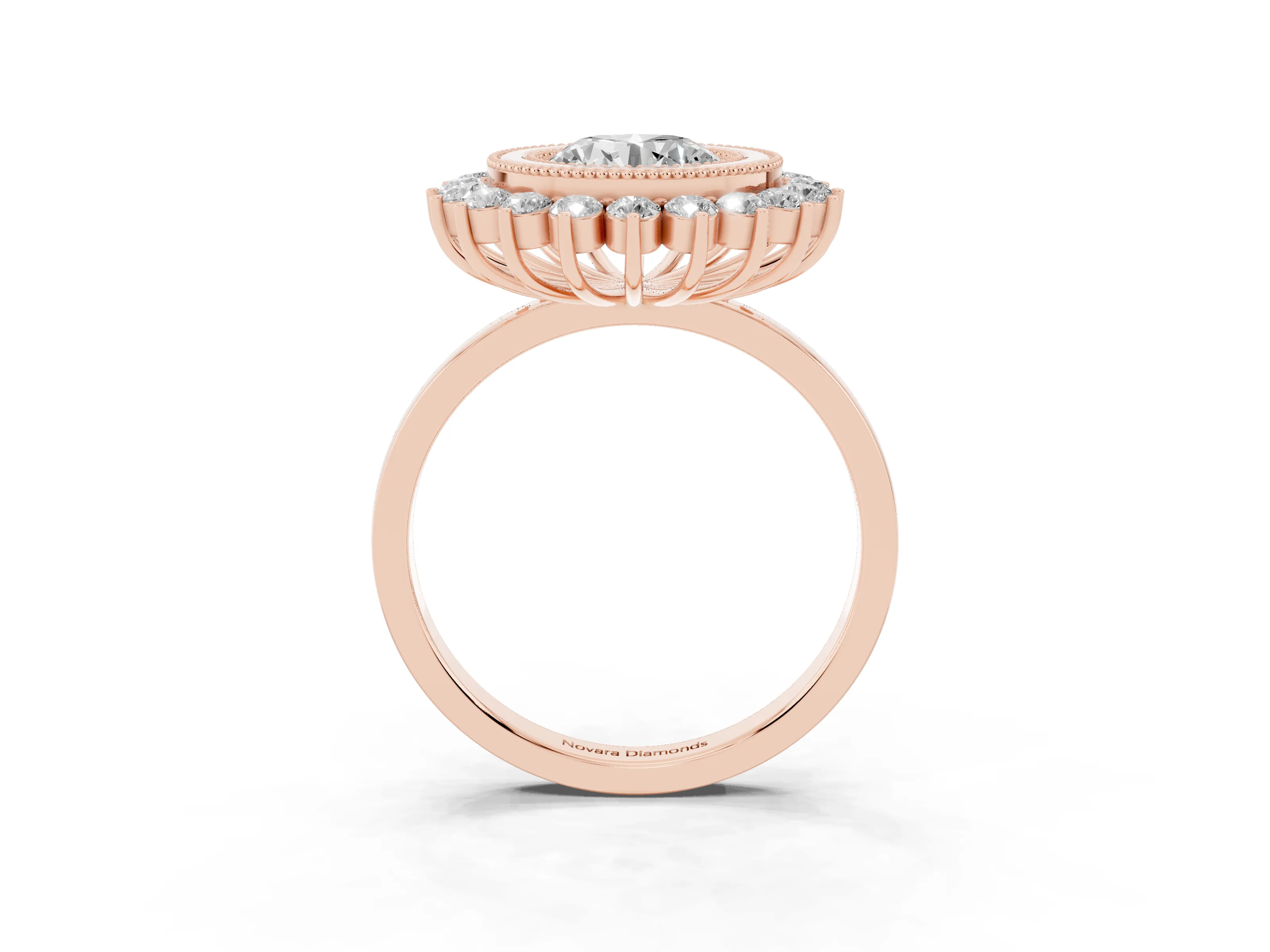 Round Cut Diamond Halo Ring Set in Rose gold with Milgrain Edge and Round Prong Setting