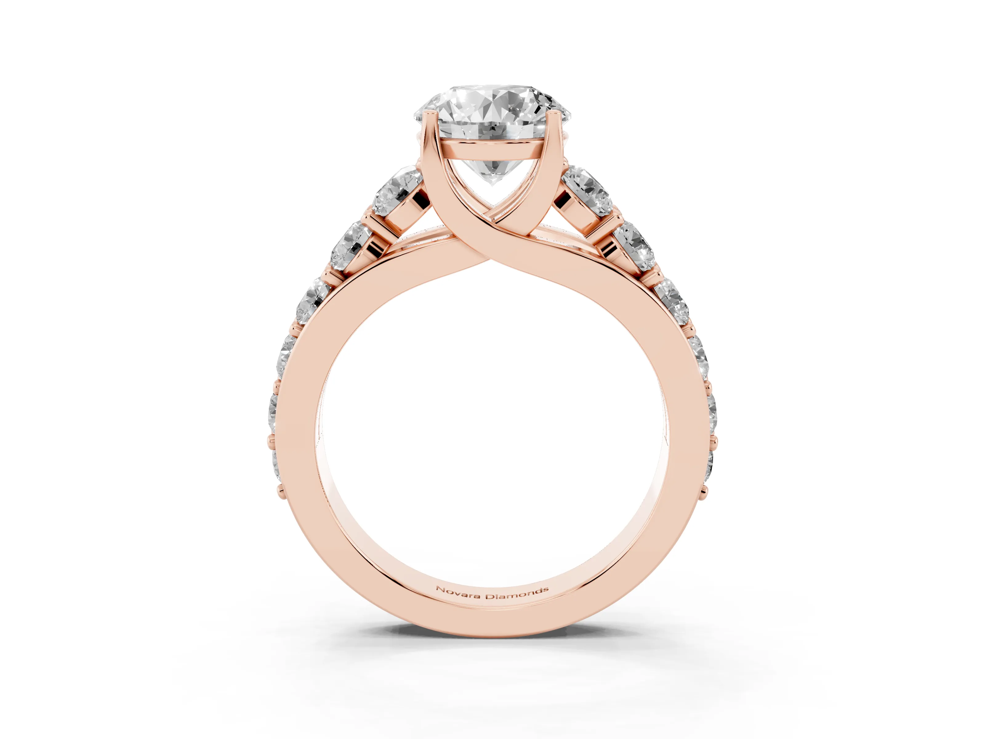 Round Cut Diamond Pavé Engagement Ring Set in Rose gold with Prong Setting