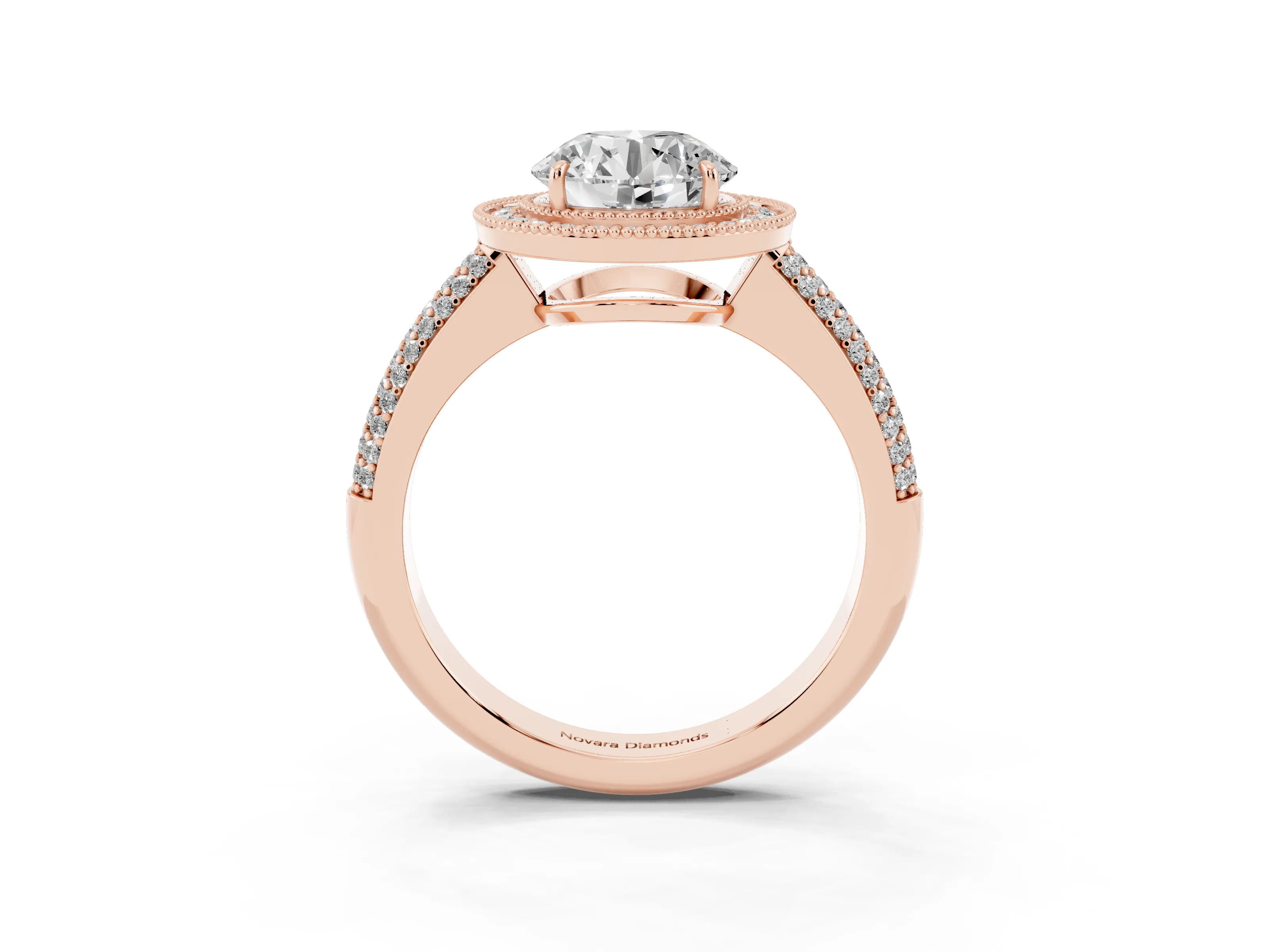 Round Cut Diamond Halo Pavé Band Set in Rose gold with Prong Setting