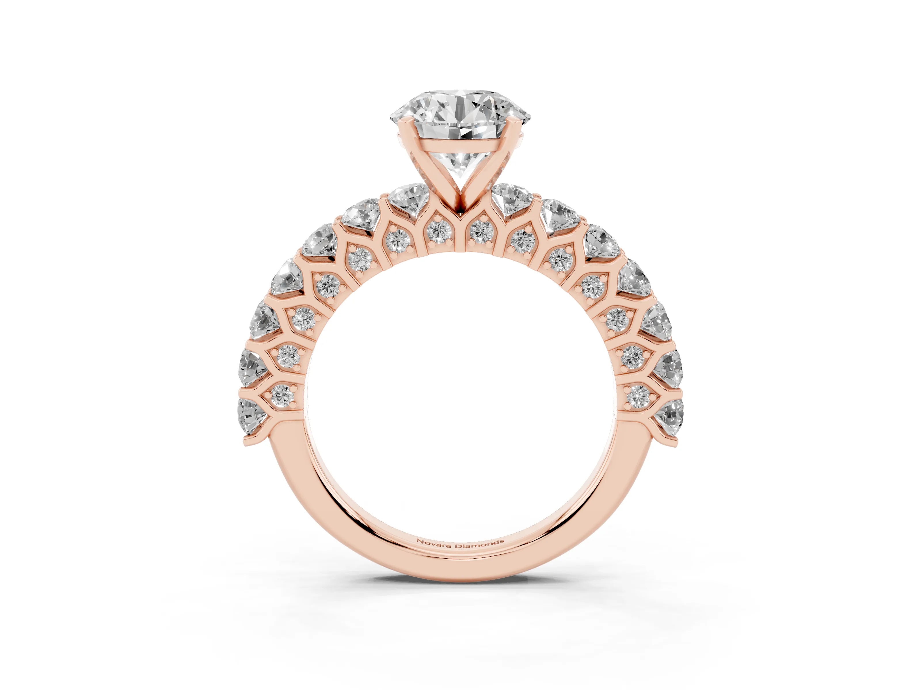Round Cut Diamond Solitaire Ring Set in Rose gold with Shared Prong Pavé Band