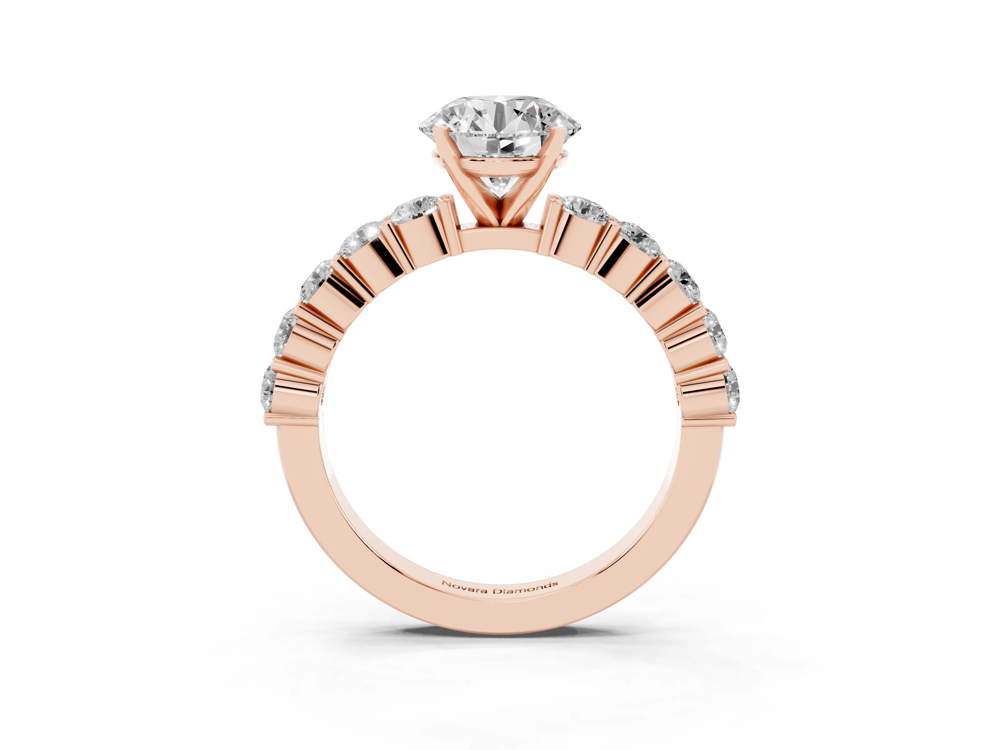 Round Cut Diamond Solitaire Ring Set in Rose gold with Shared Prong Round Side Stones