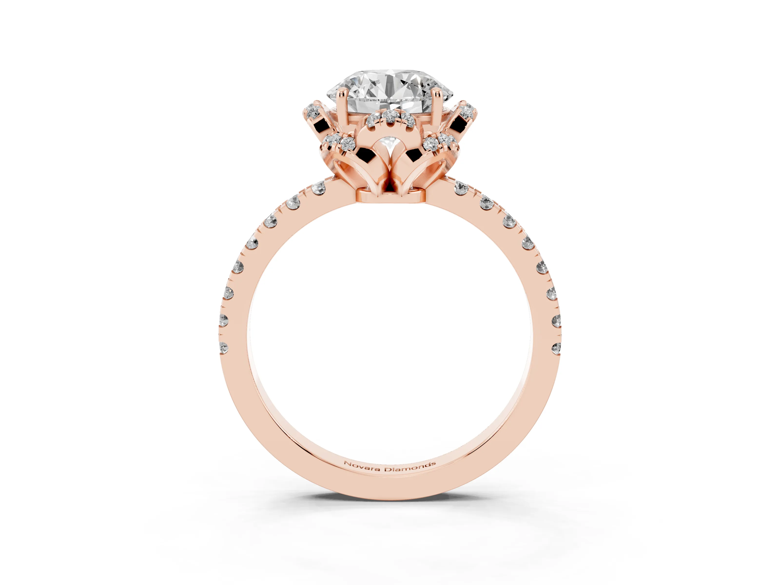 Round Cut Diamond Halo Pavé Band Ring Set in Rose gold with Prong-Held Center