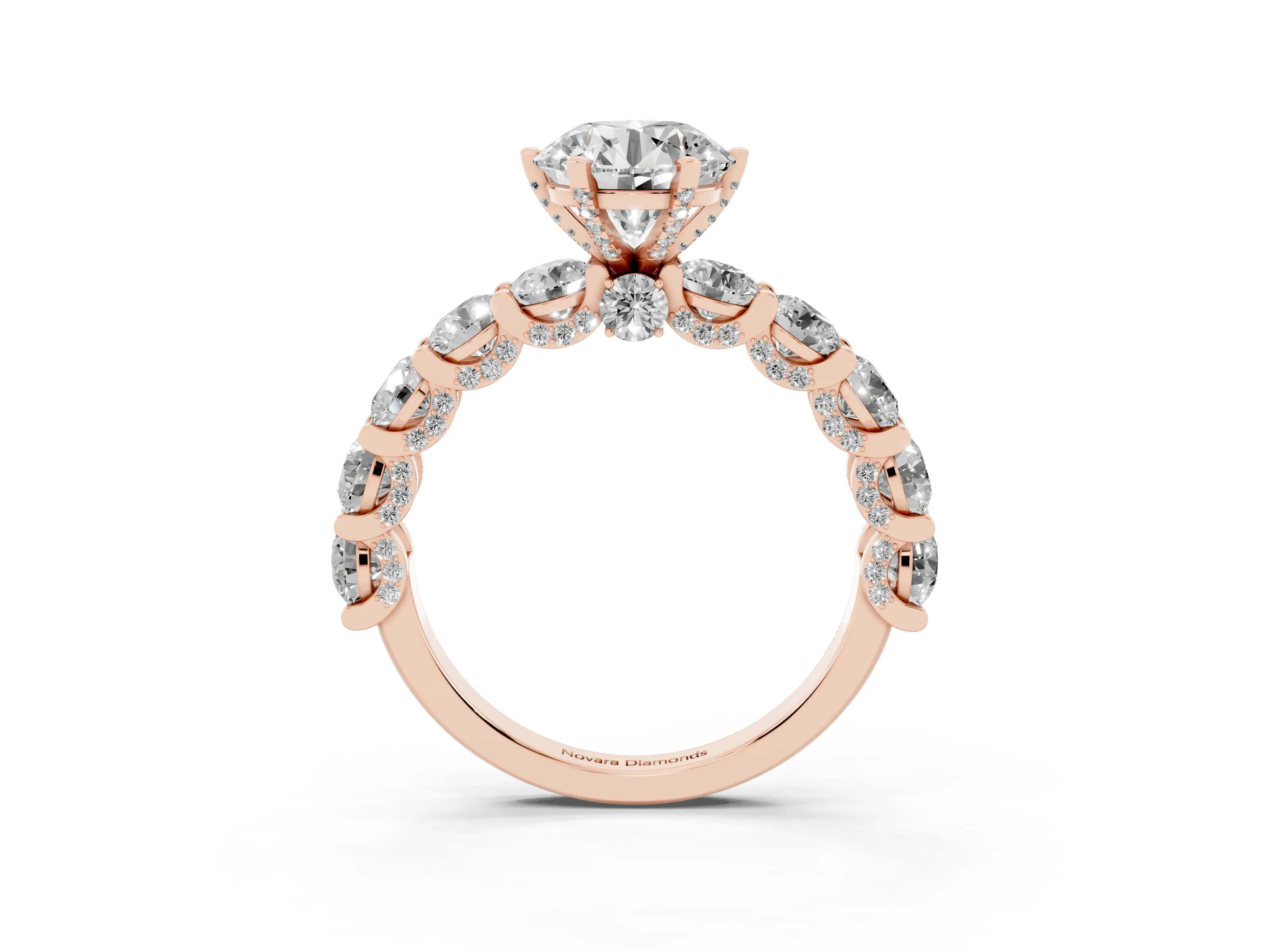 Round Cut Diamond Side Stone Ring Set in Rose gold with Alternating Round and Oval Side Stones