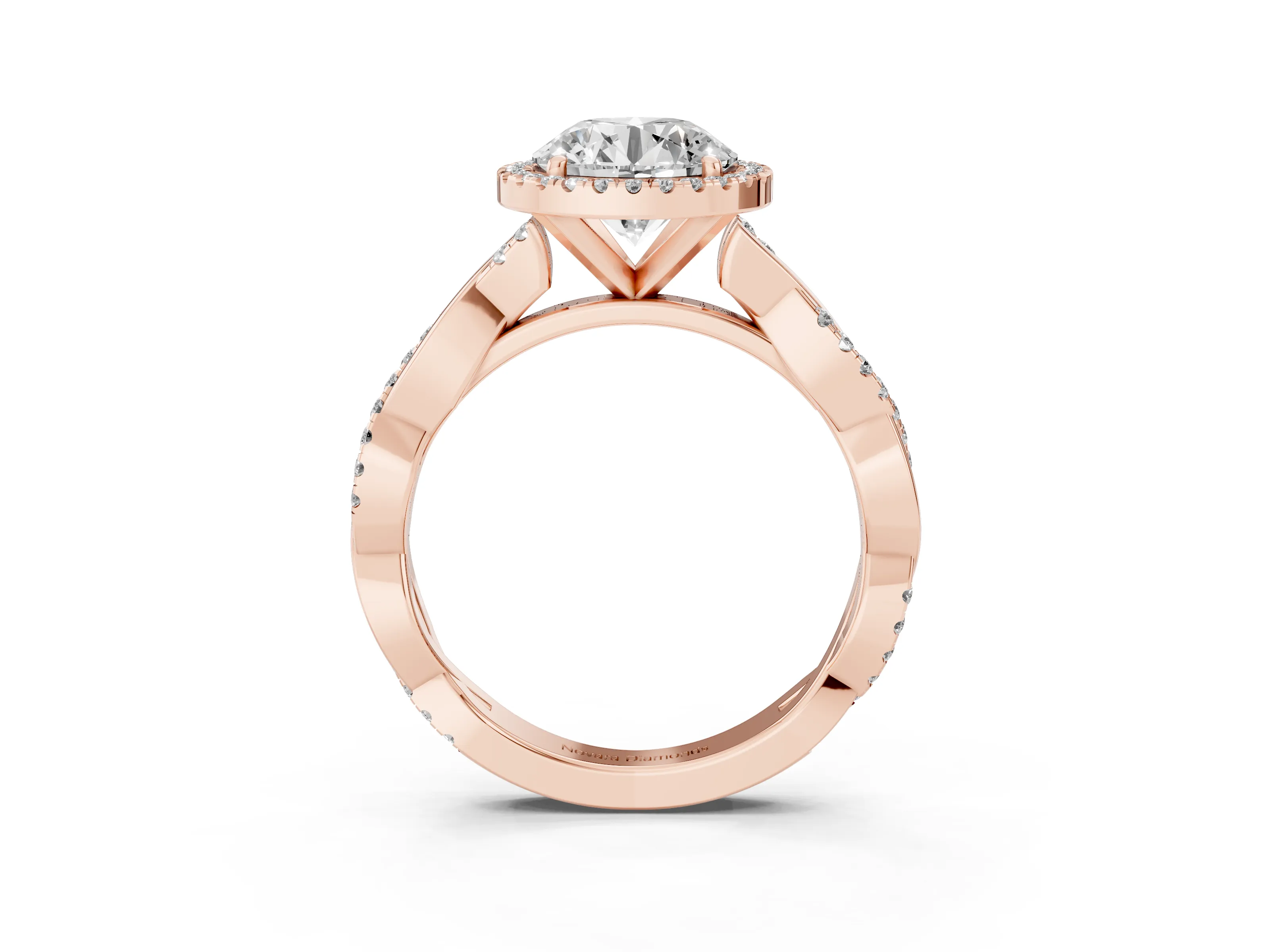 Round Cut Diamond Halo Twisted Band Ring Set in Rose gold with Prong Setting