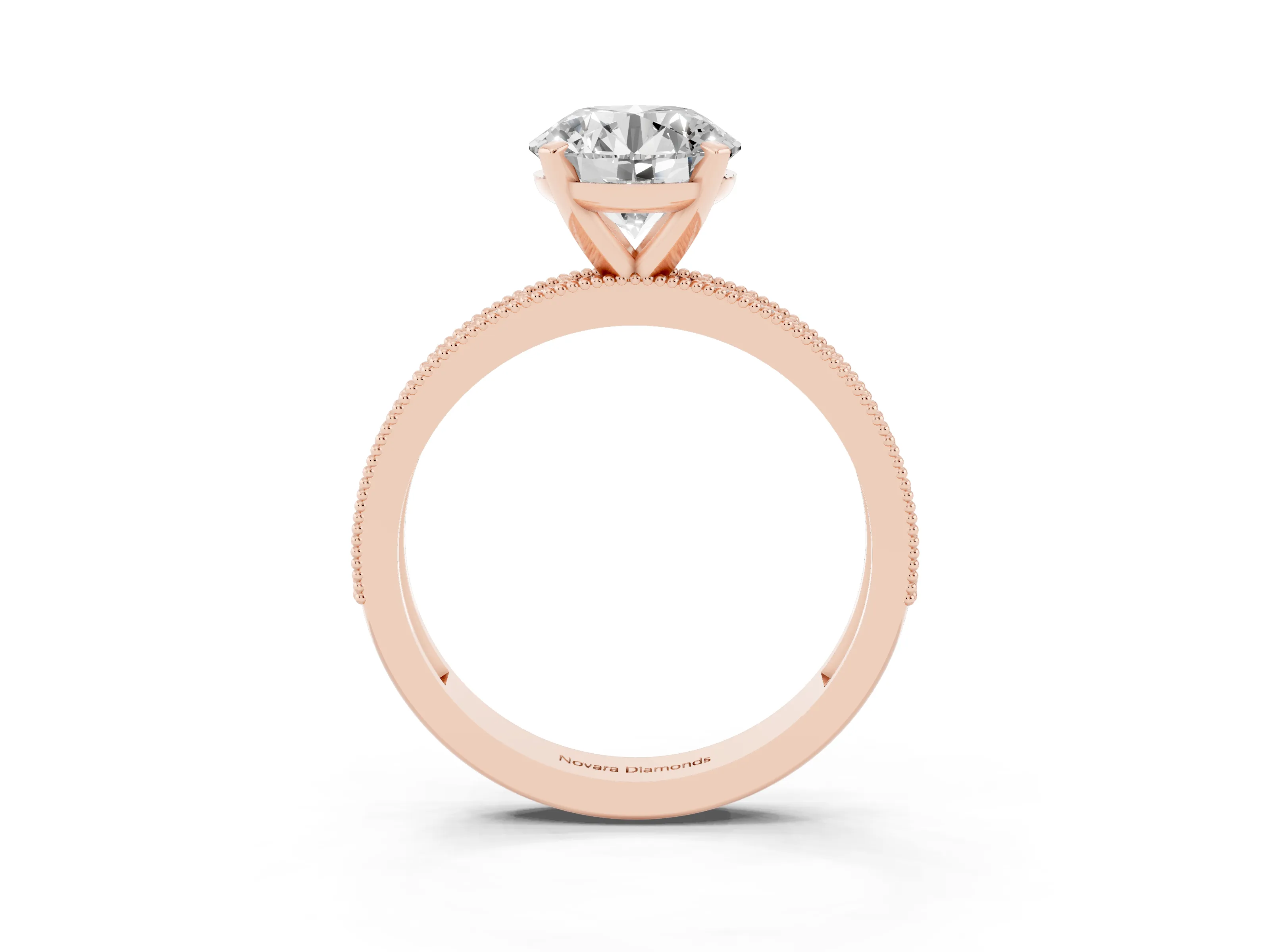 Round Cut Diamond Milgrain Pavé Engagement Ring Set in Rose gold with Prong Setting