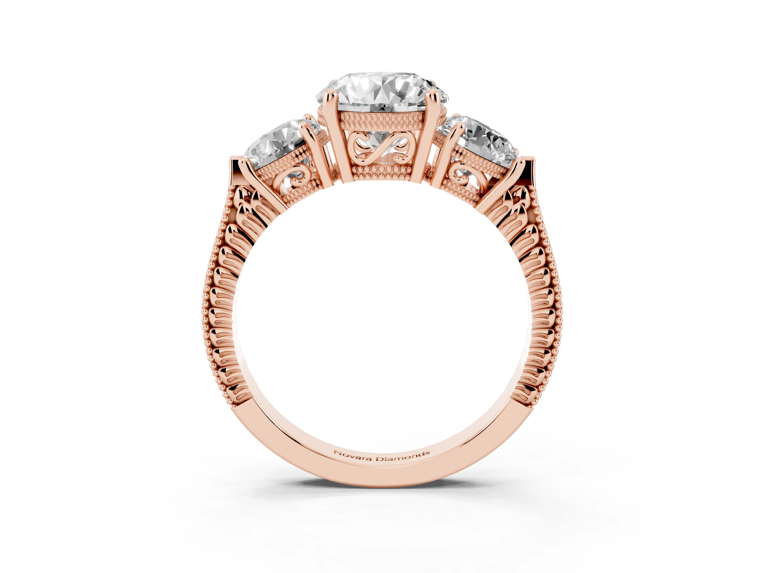 Round Cut Diamond Three-Stone Ring Set in Rose gold with Milgrain Band
