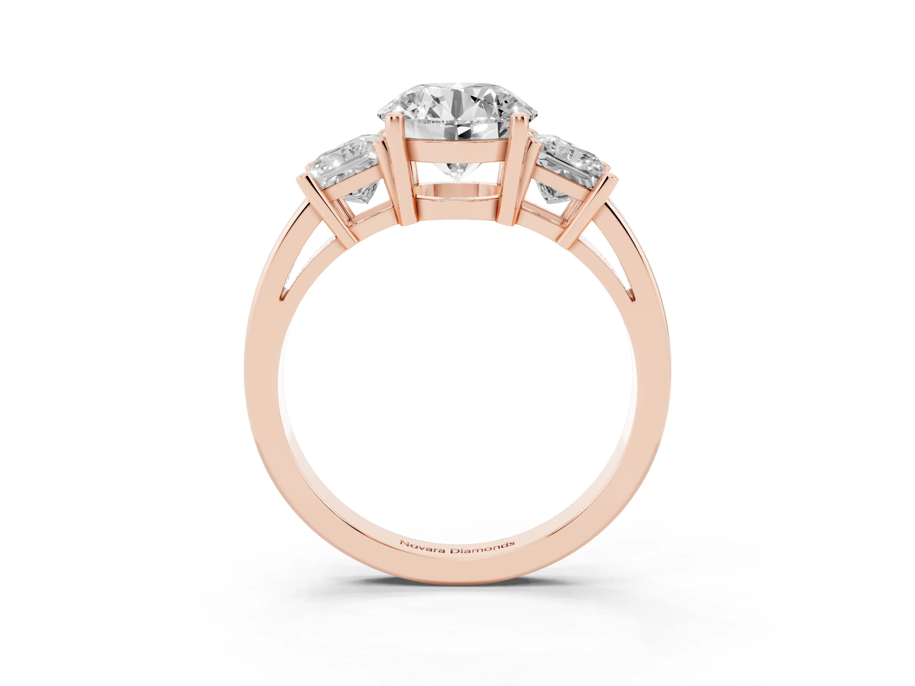 Three-Stone Round Cut Diamond Solitaire Ring Set in Rose gold with Prong Setting