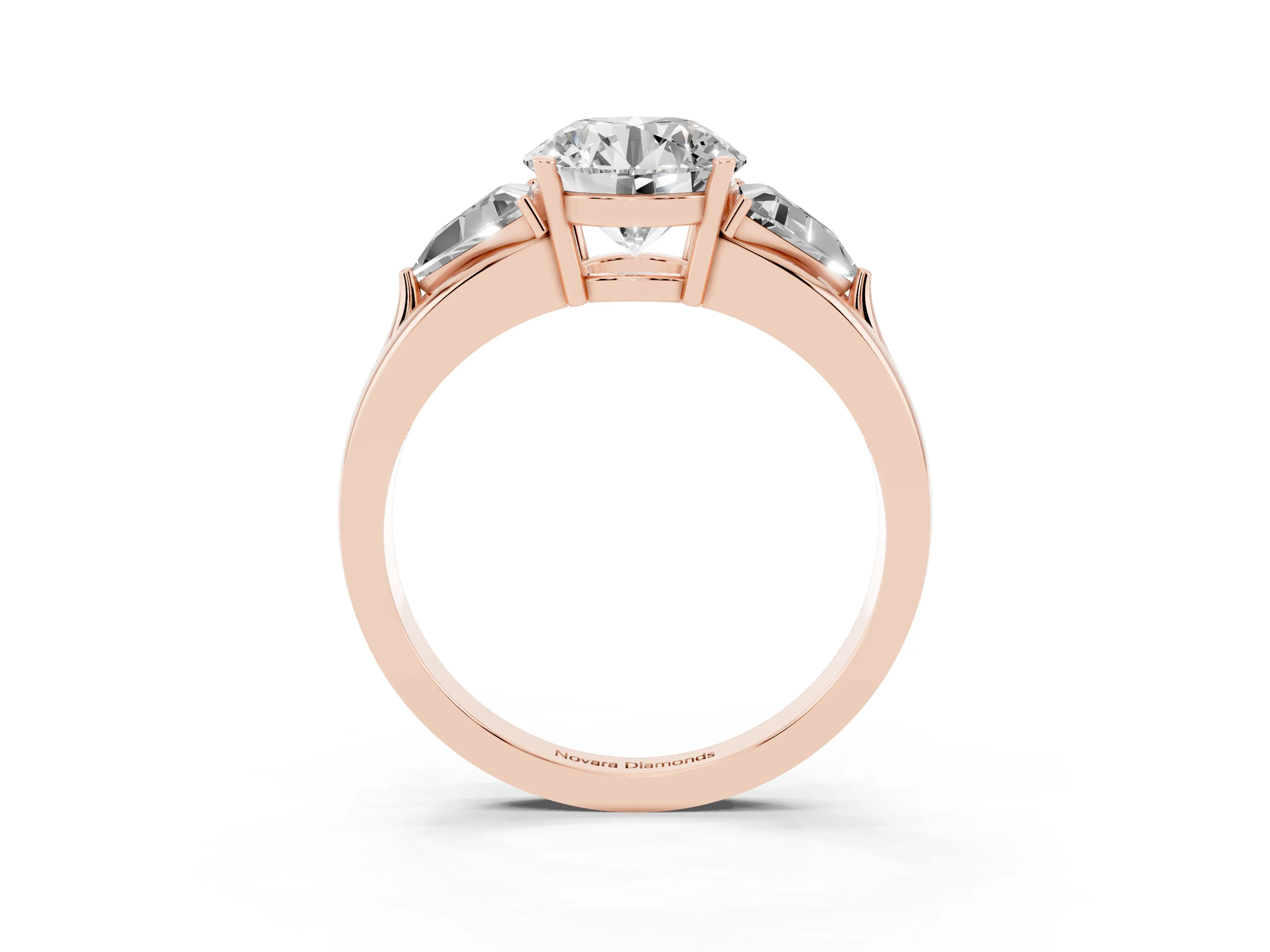 Round Cut Diamond Three-Stone Ring Set in Rose gold with Trillion Side Stones and Split Shank