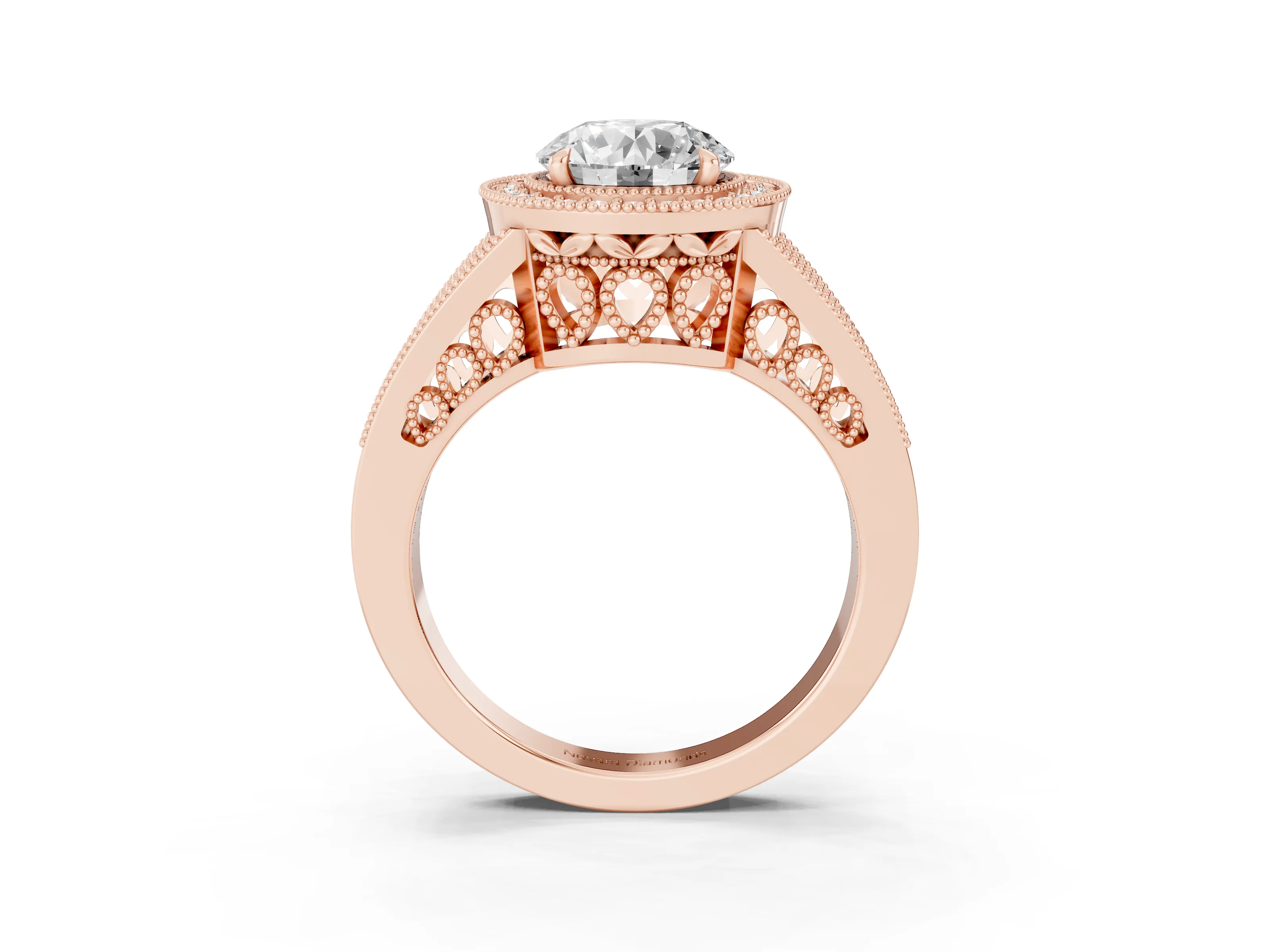 Round Cut Diamond Halo Ring Set in Rose gold with Stone-Set Split Shank and Milgrain Edges