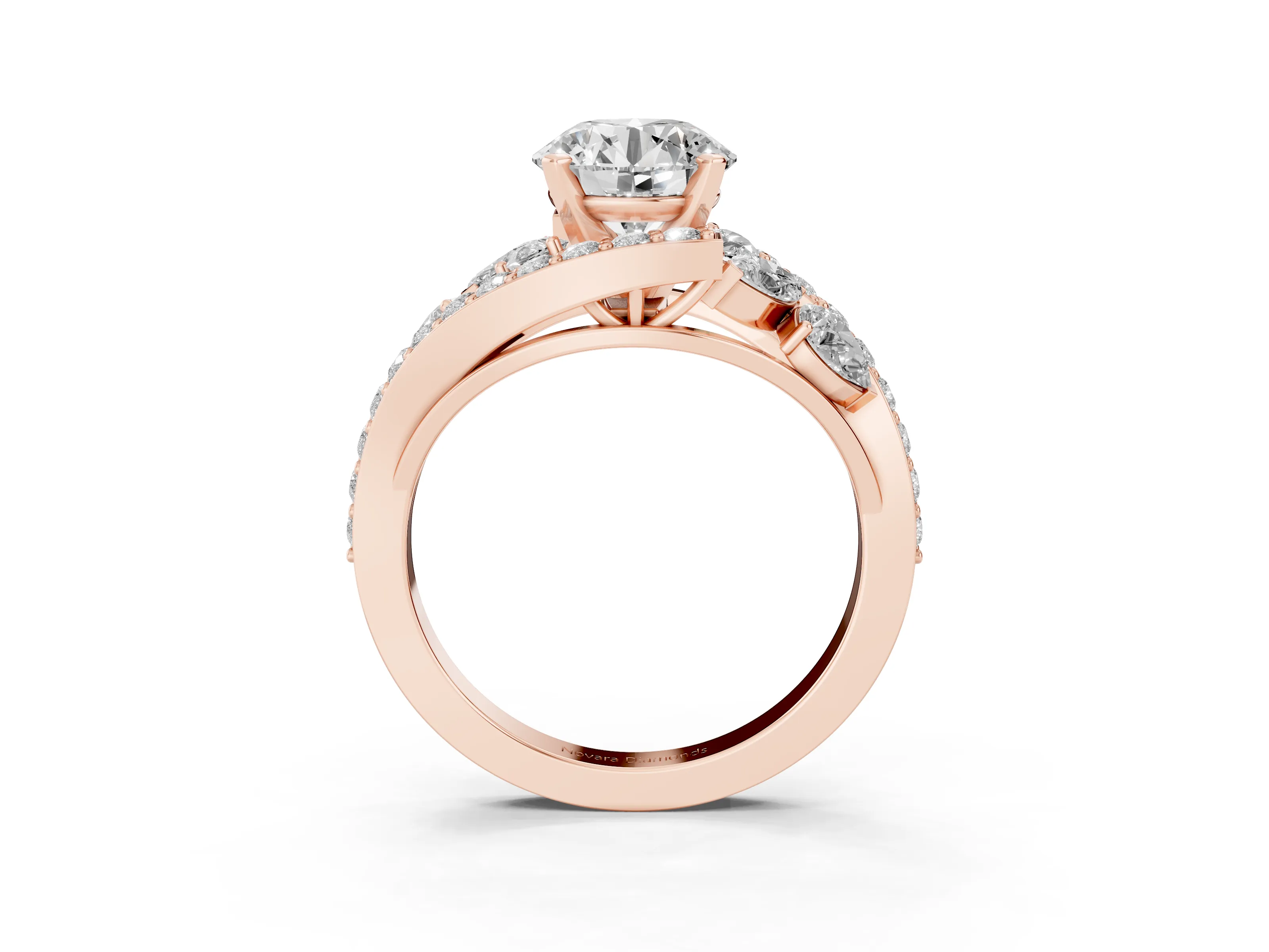Round Cut Diamond Halo Ring Set in Rose gold with Marquise and Pavé Band in Prong Setting