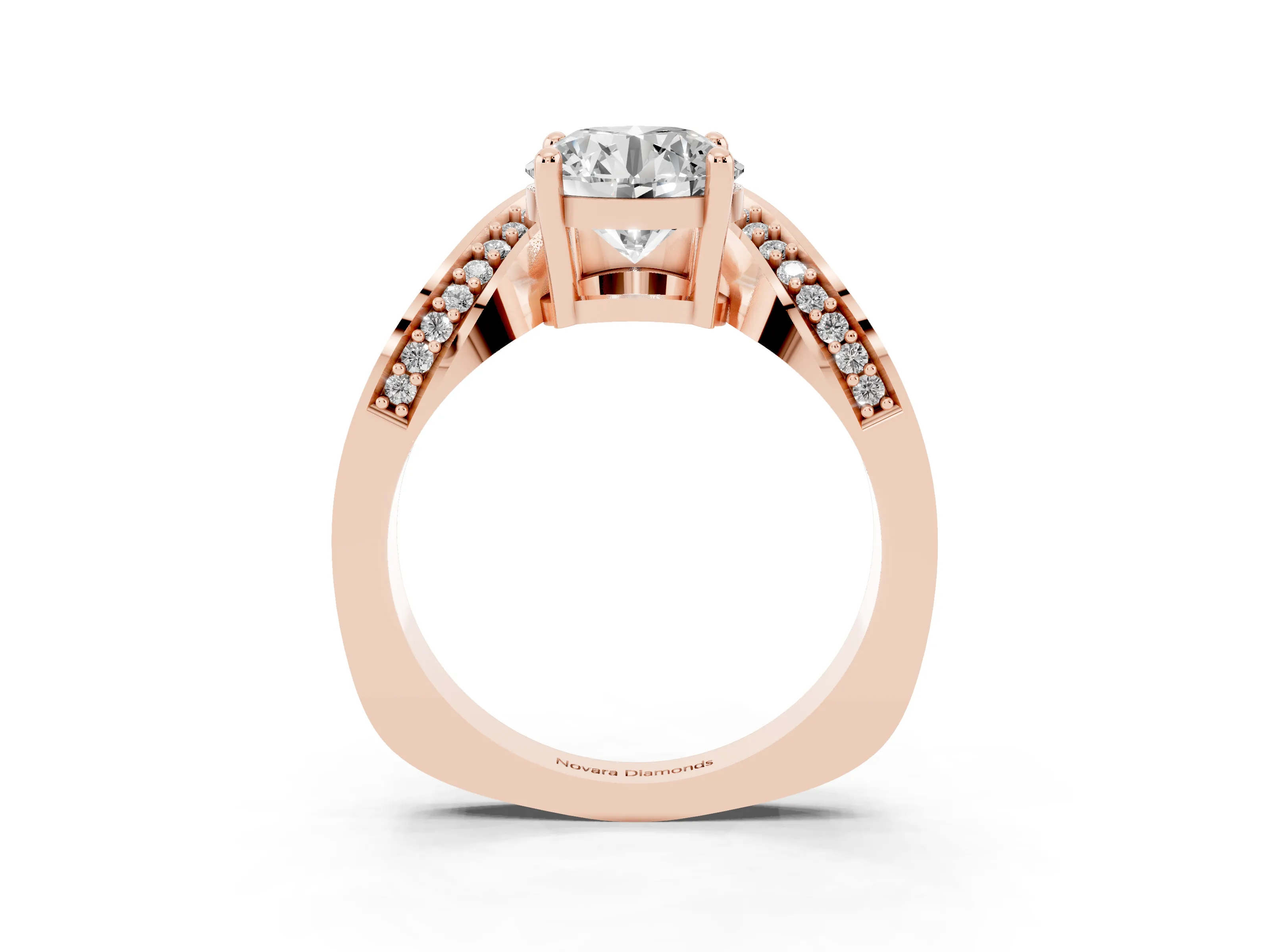 Round Cut Diamond Solitaire Engagement Ring Set in Rose gold with Pavé Shoulders