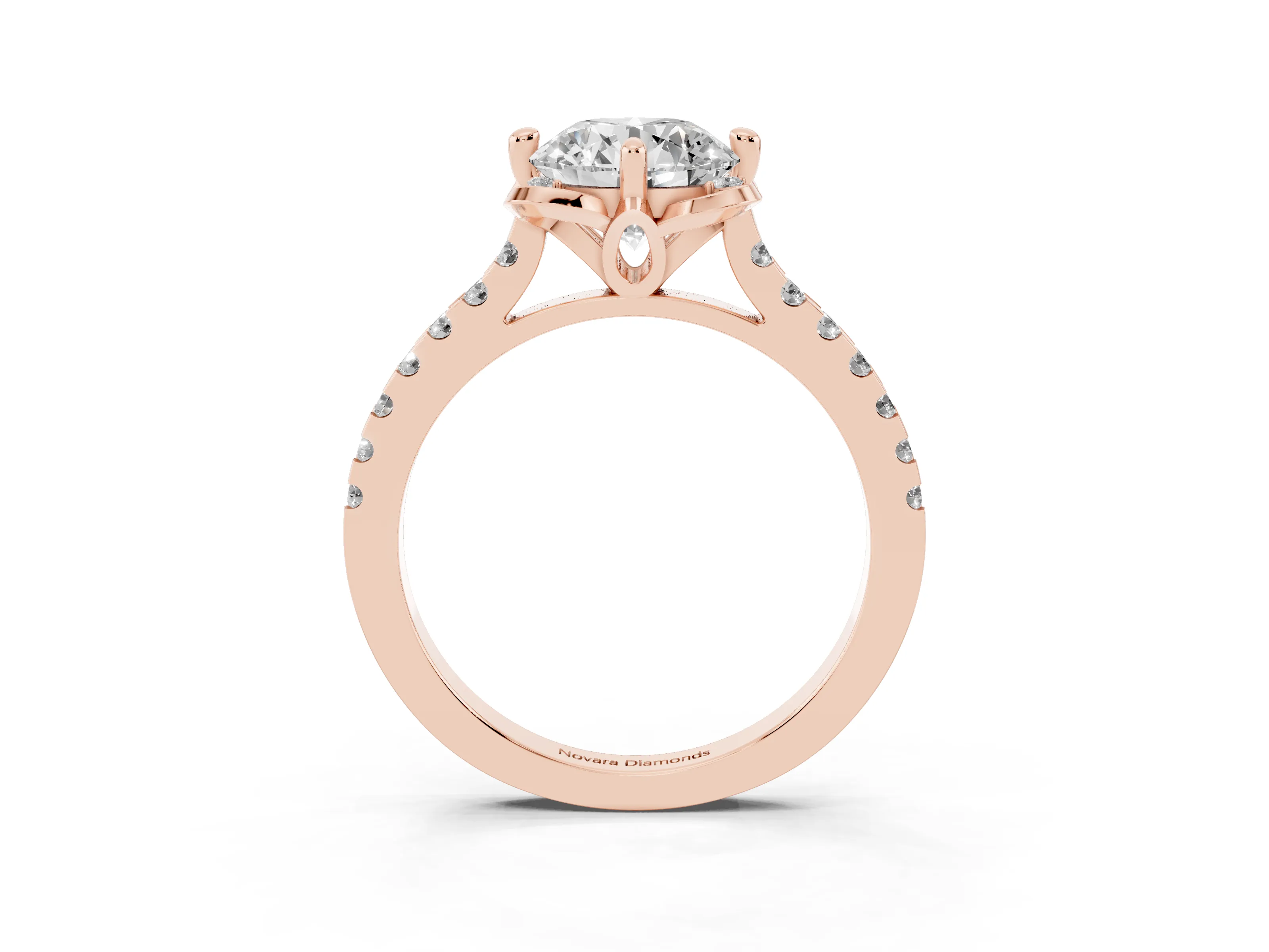 Round Cut Diamond Solitaire Ring Set in Rose gold with Pavé Band and Floral Prong Setting