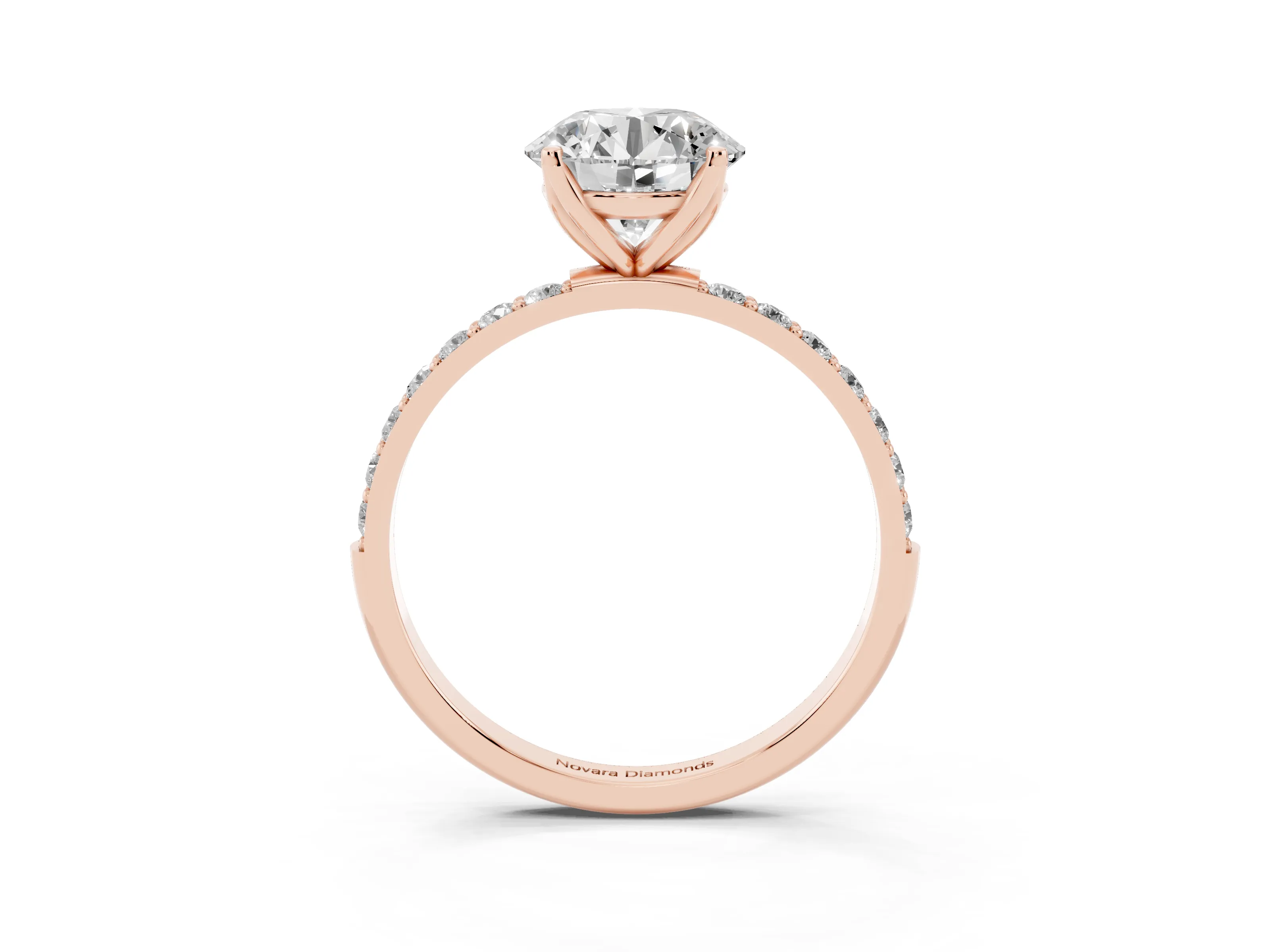 Round Cut Diamond Solitaire Engagement Ring Set in Rose gold with Round Pavé Band and Prong Setting