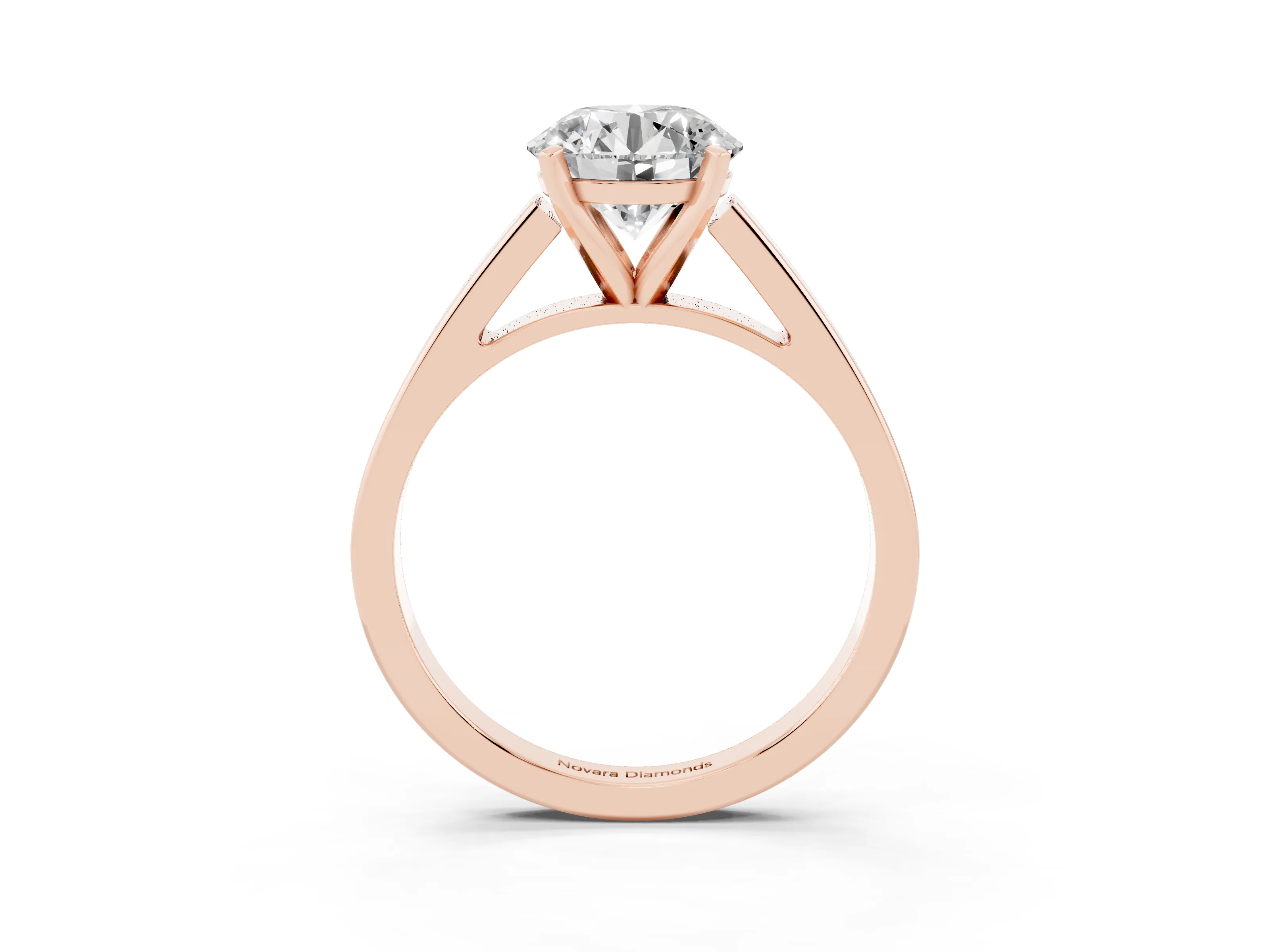 Round Cut Diamond Solitaire Engagement Ring Set in Rose gold with Prong Setting and Tapered Band