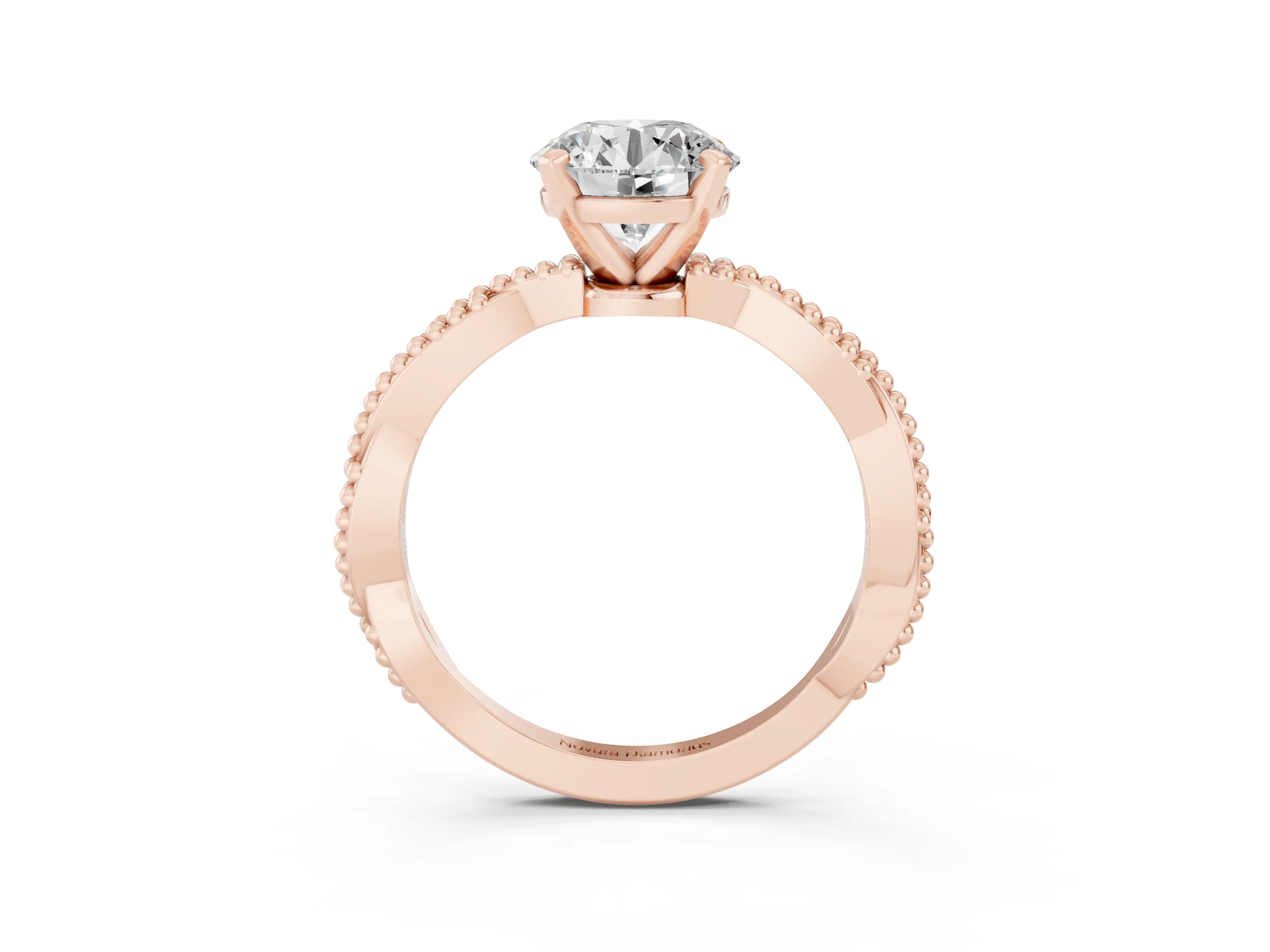 Round Cut Diamond Solitaire Ring Set in Rose gold with Twisted Band and Bead Prong Setting