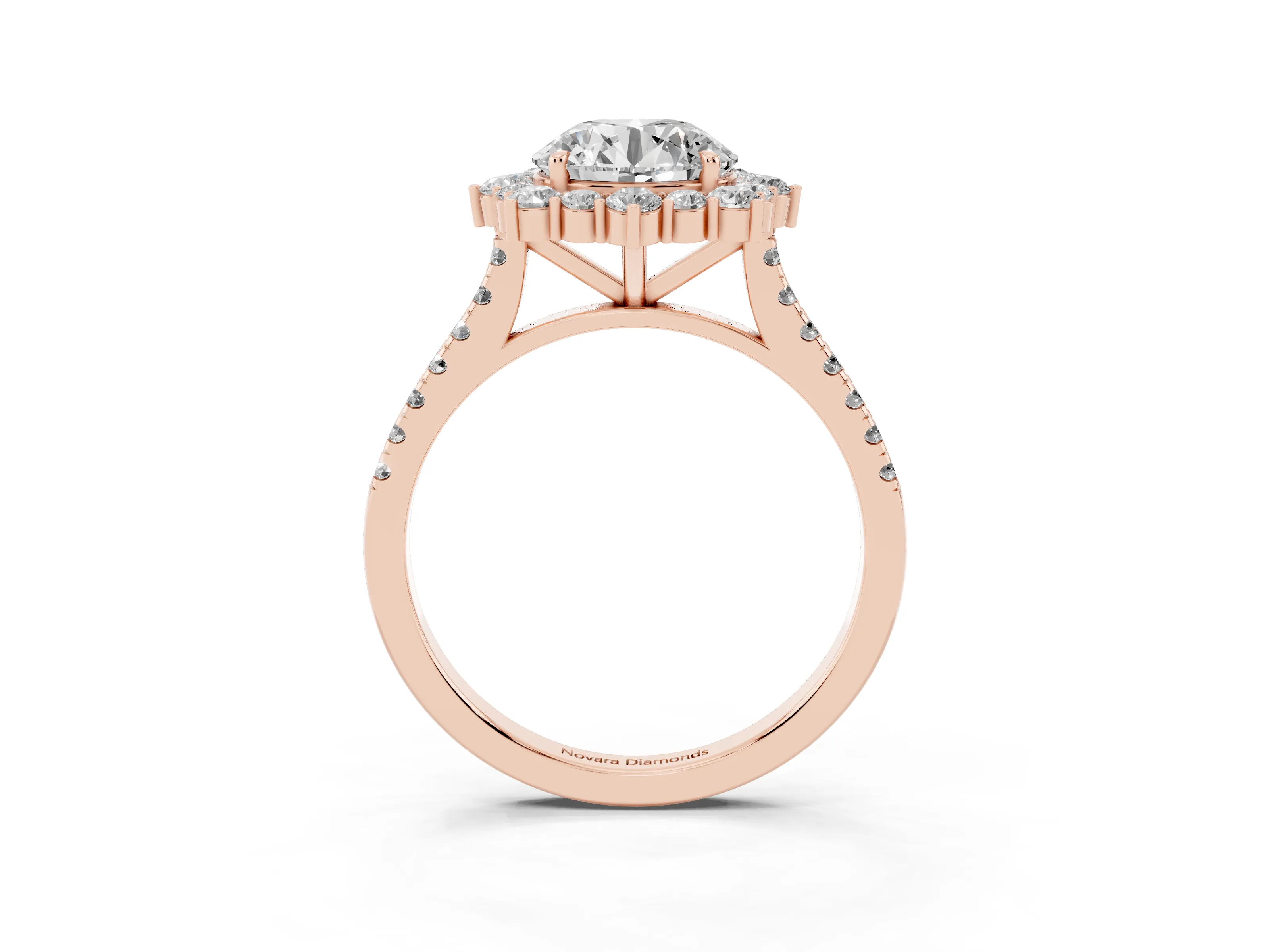 Round Cut Diamond Halo Ring Set in Rose gold with Pavé Band and Prong Setting
