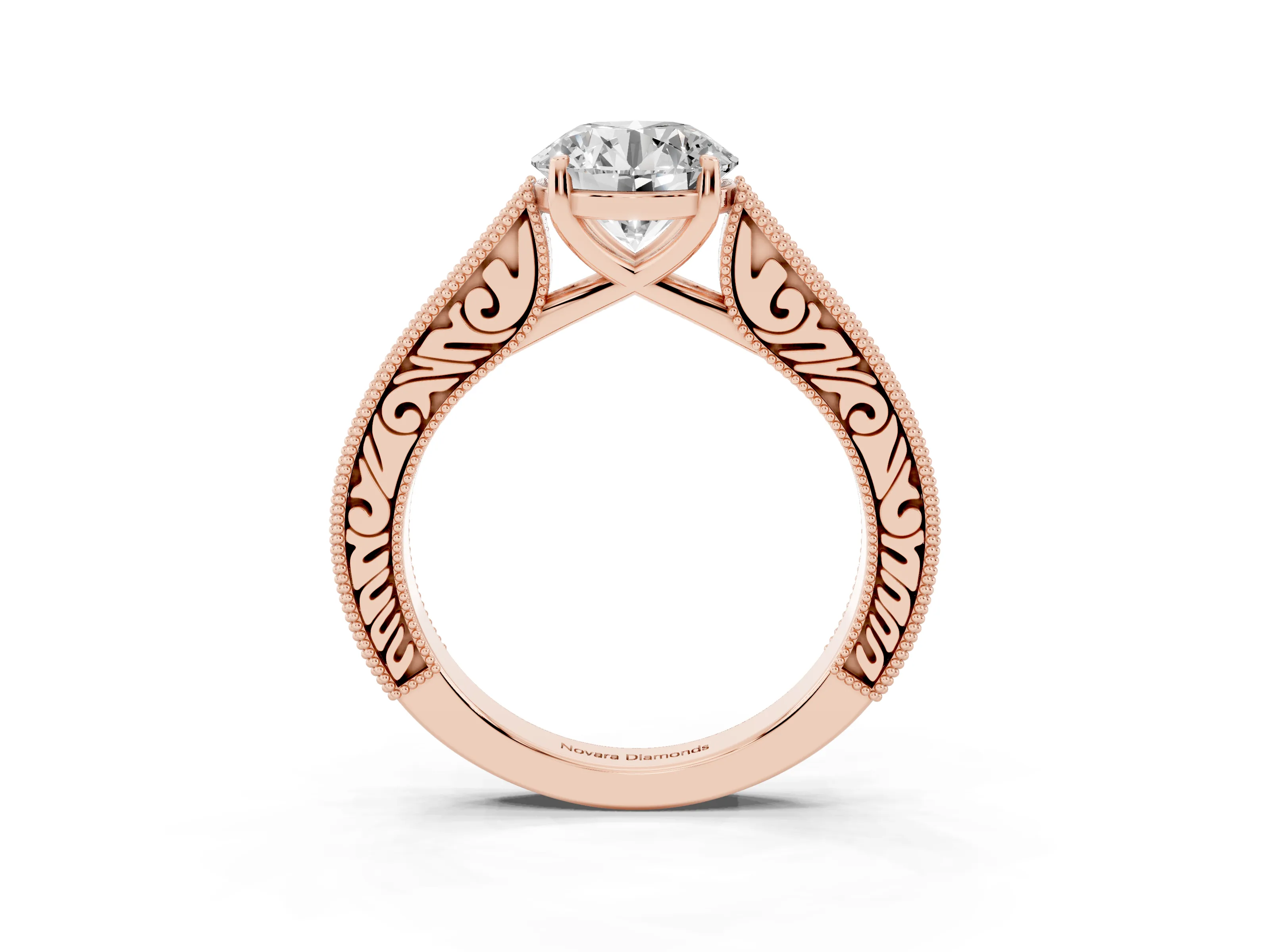 Round Cut Diamond Milgrain Pavé Band Solitaire Ring Set in Rose gold with Prong Setting