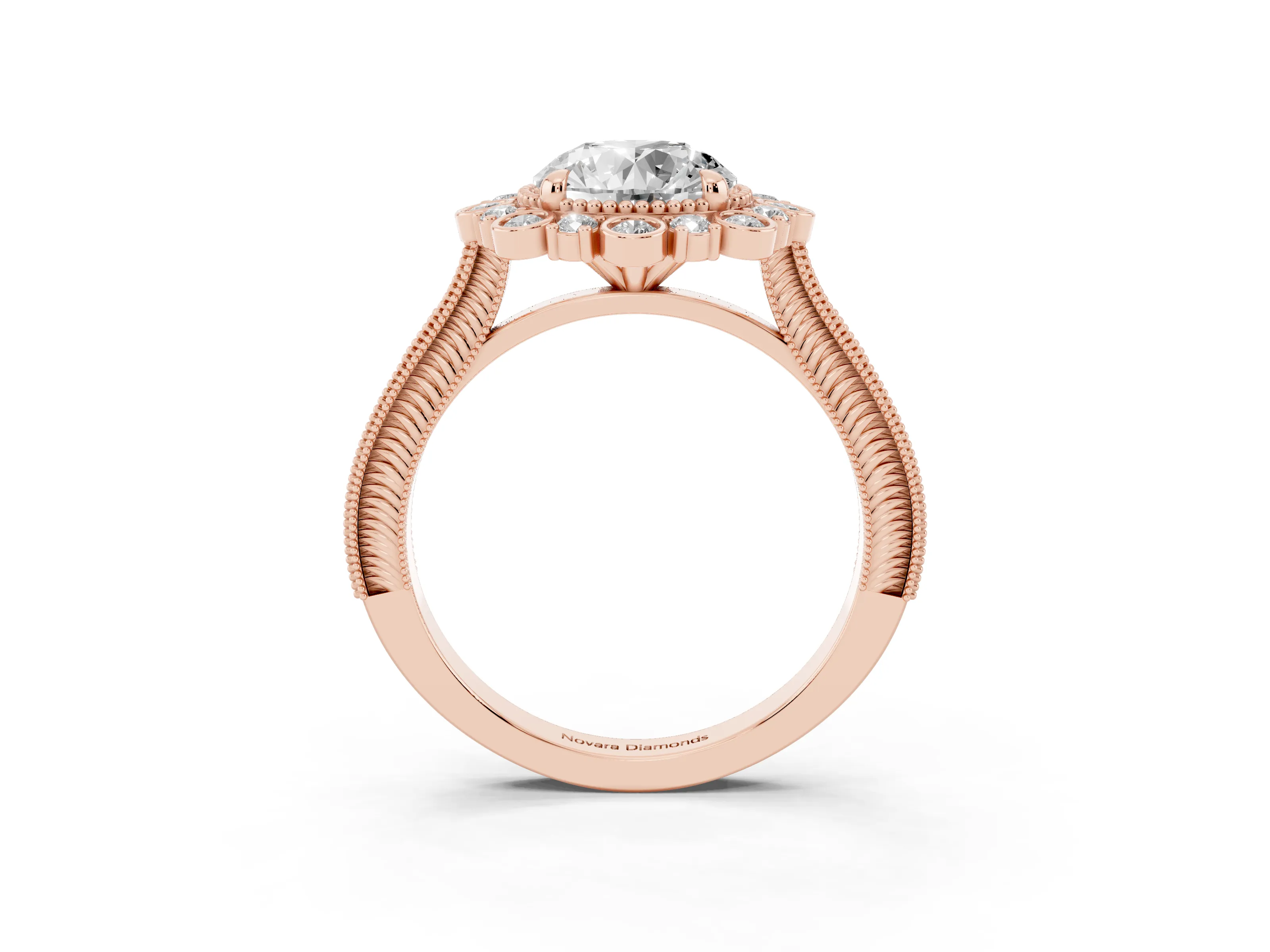 Round Cut Diamond Halo Milgrain Pavé Ring Set in Rose gold with Prong Setting