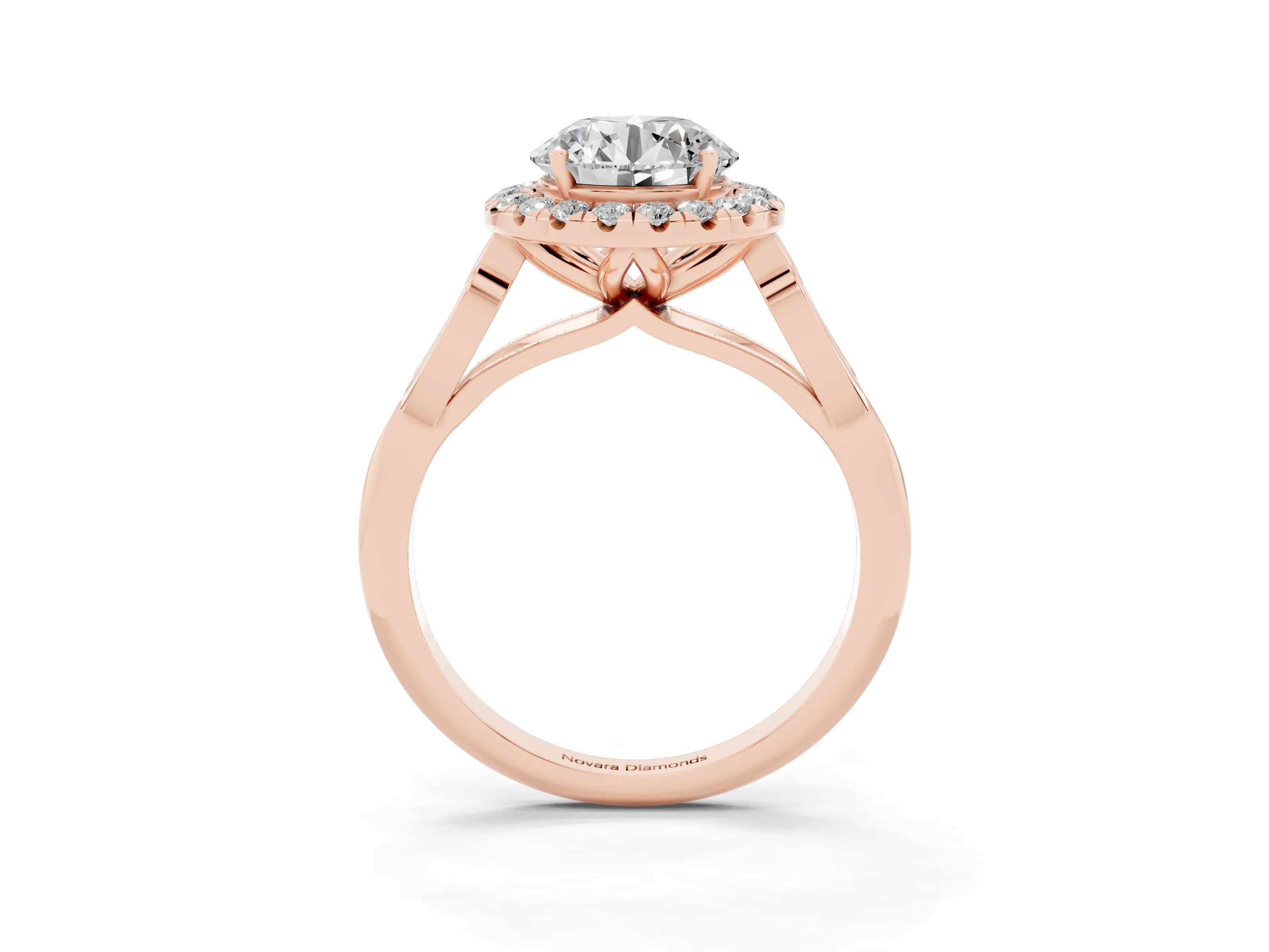 Round Cut Diamond Halo Engagement Ring Set in Rose gold with Filigree Band and Prong-Set Center