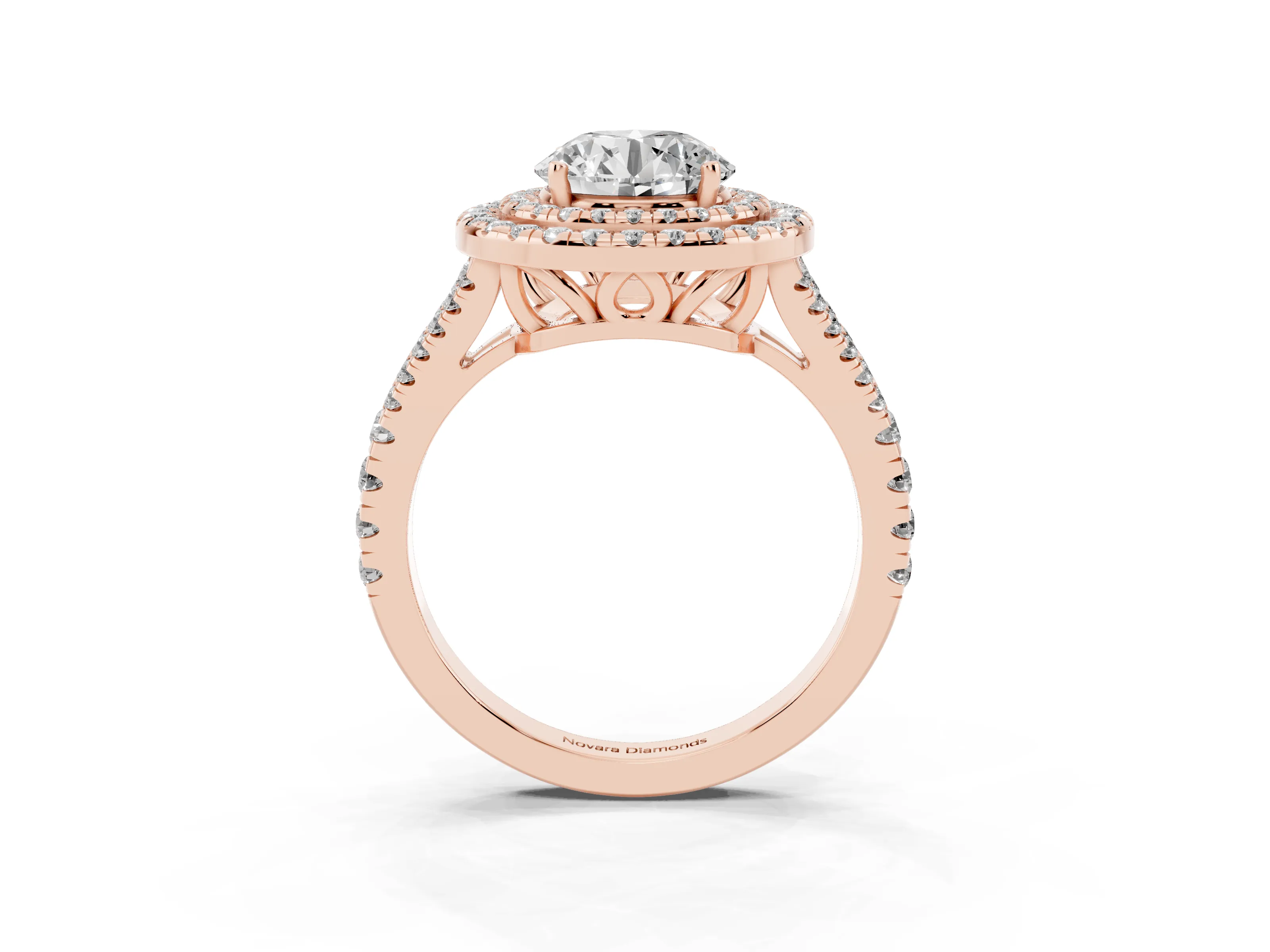 Round Cut Diamond Double Halo Ring Set in Rose gold with Pavé Band