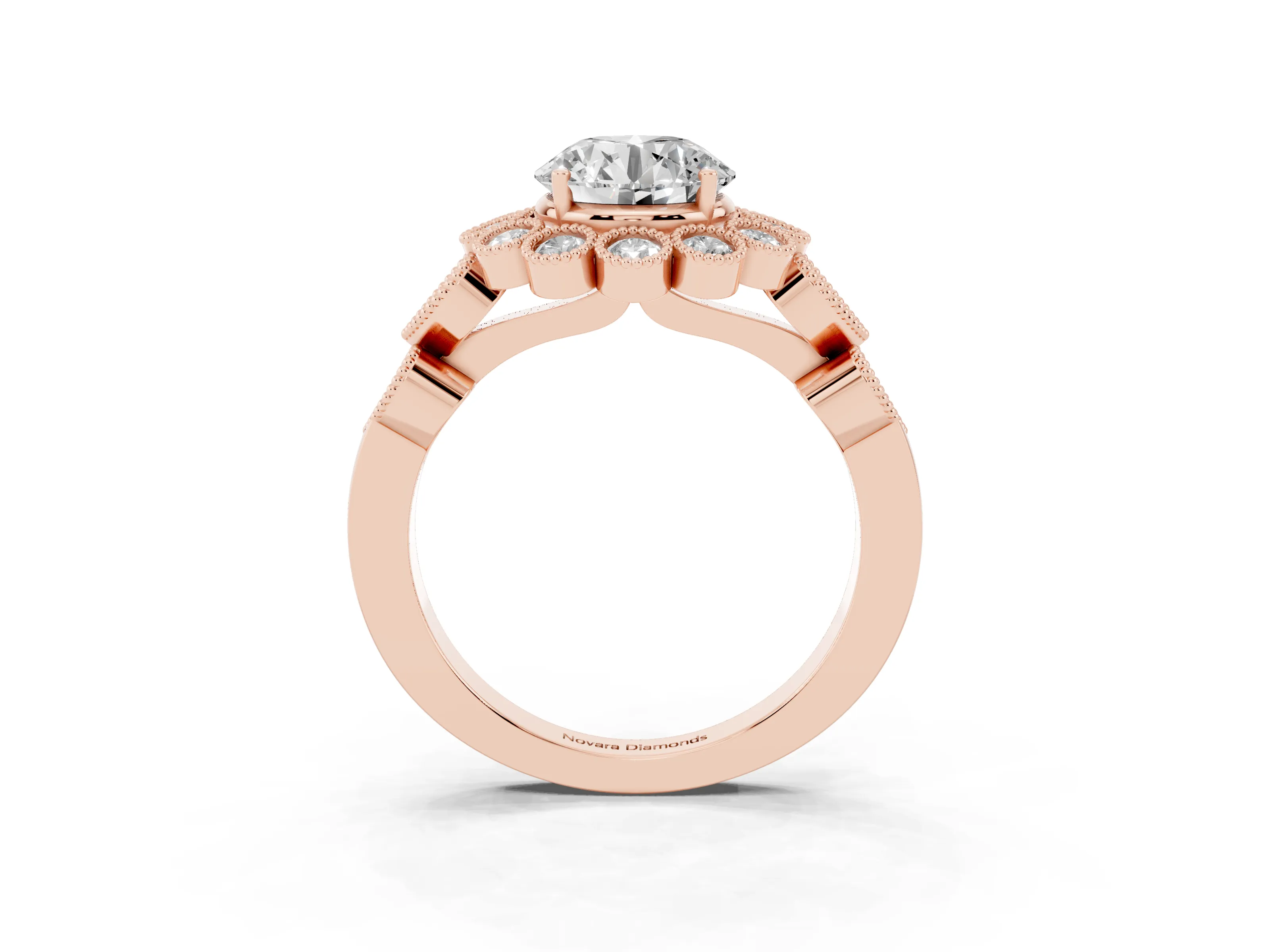Round Cut Diamond Solitaire Ring Set in Rose gold with Milgrain Pavé Heart Band