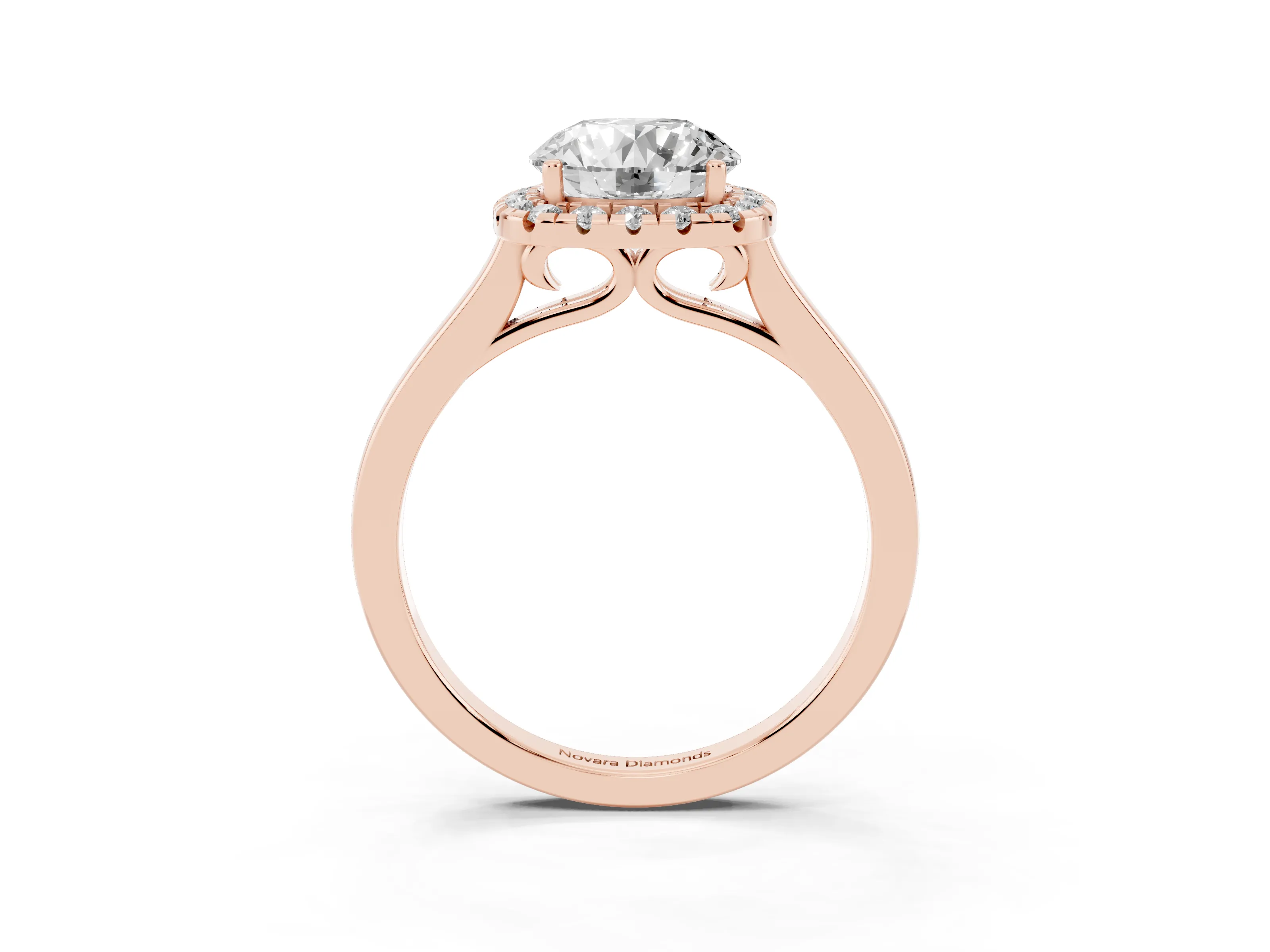 Round Cut Halo Round Diamond Solitaire Ring Set in Rose gold with Pavé Band and Prong Setting