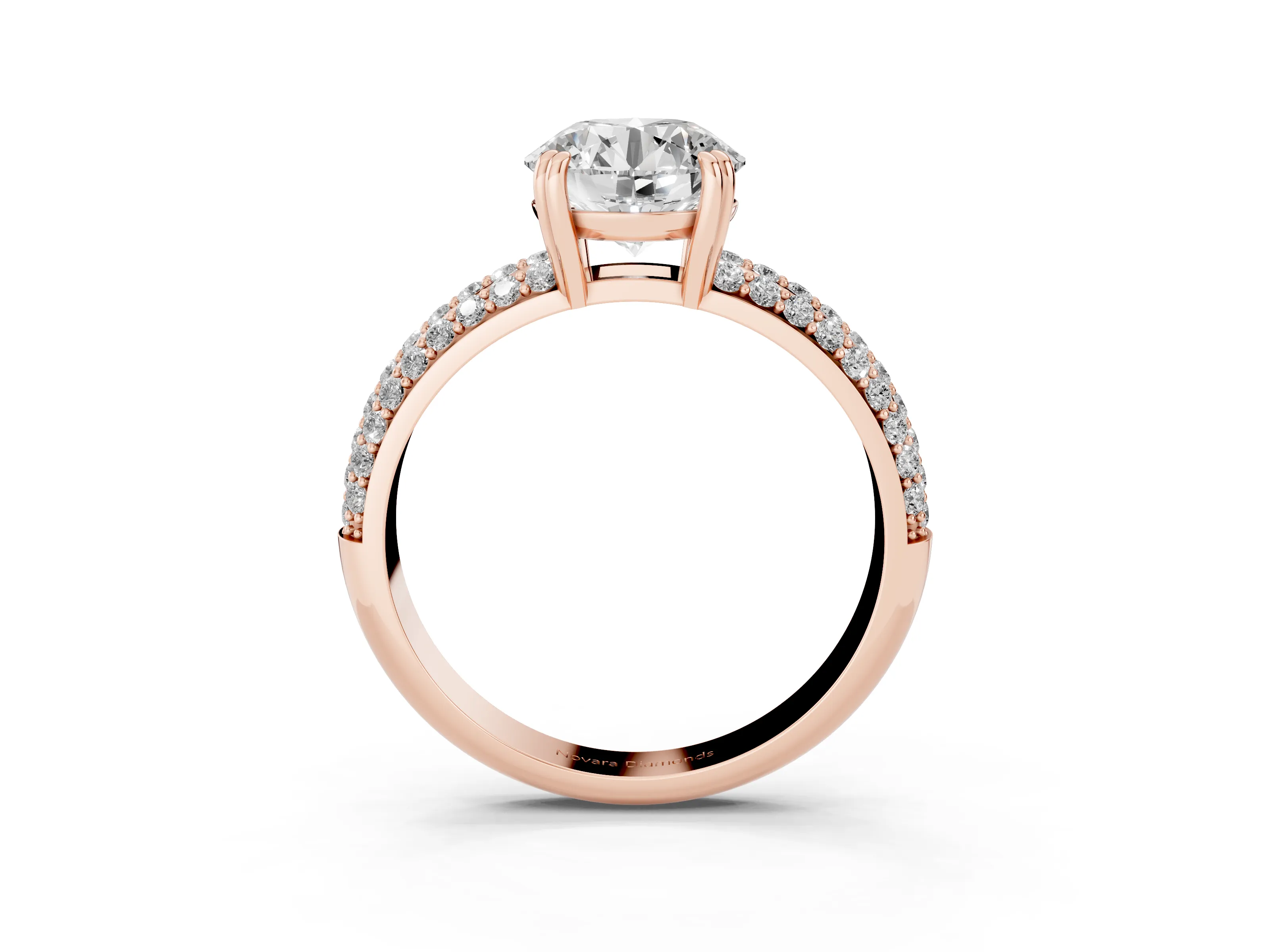Round Cut Diamond Solitaire Ring Set in Rose gold with Multi-Row Round Pavé Band and Prong Setting