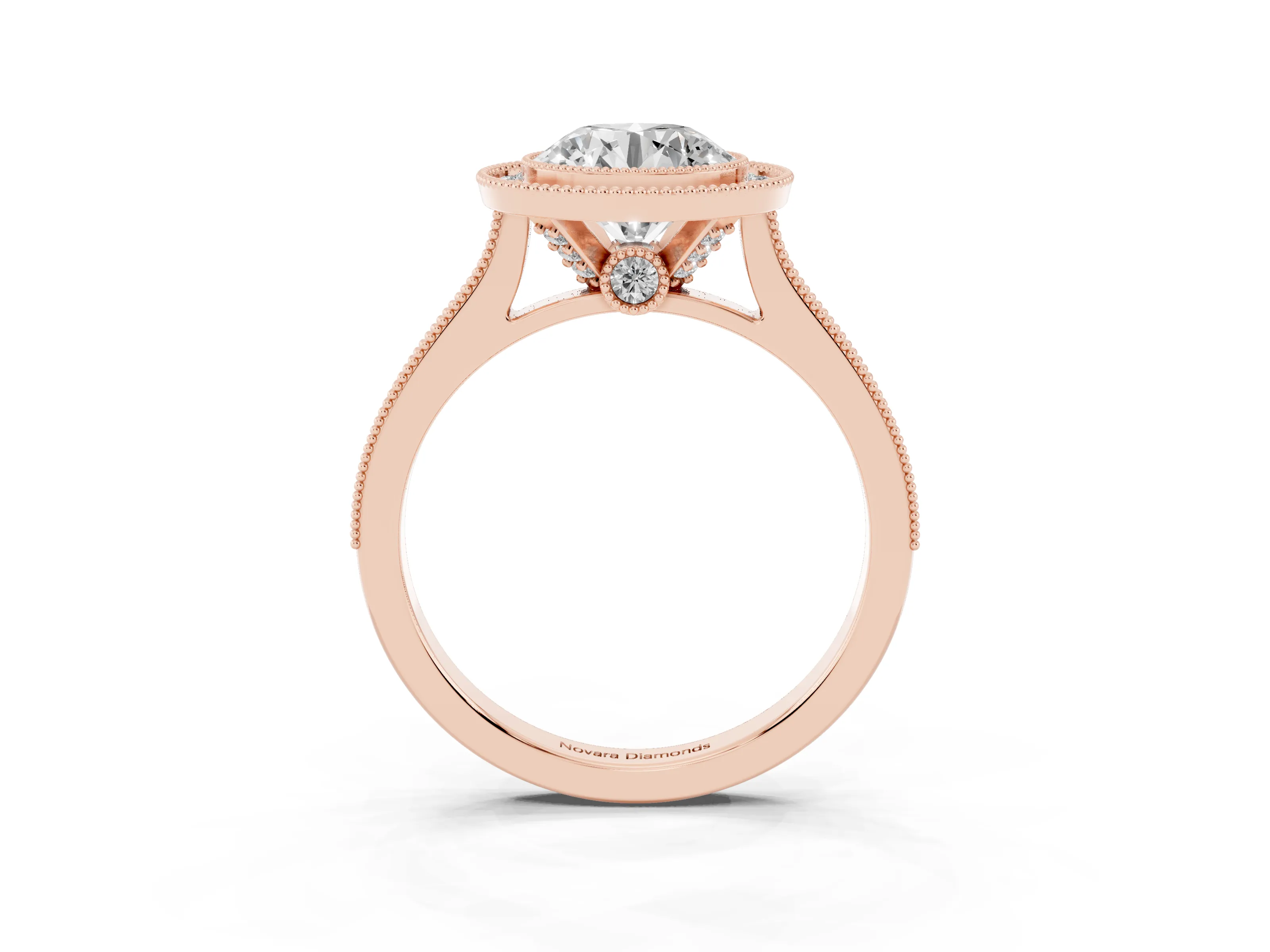 Round Cut Diamond Halo Milgrain Pavé Band Ring Set in Rose gold with Prong Setting