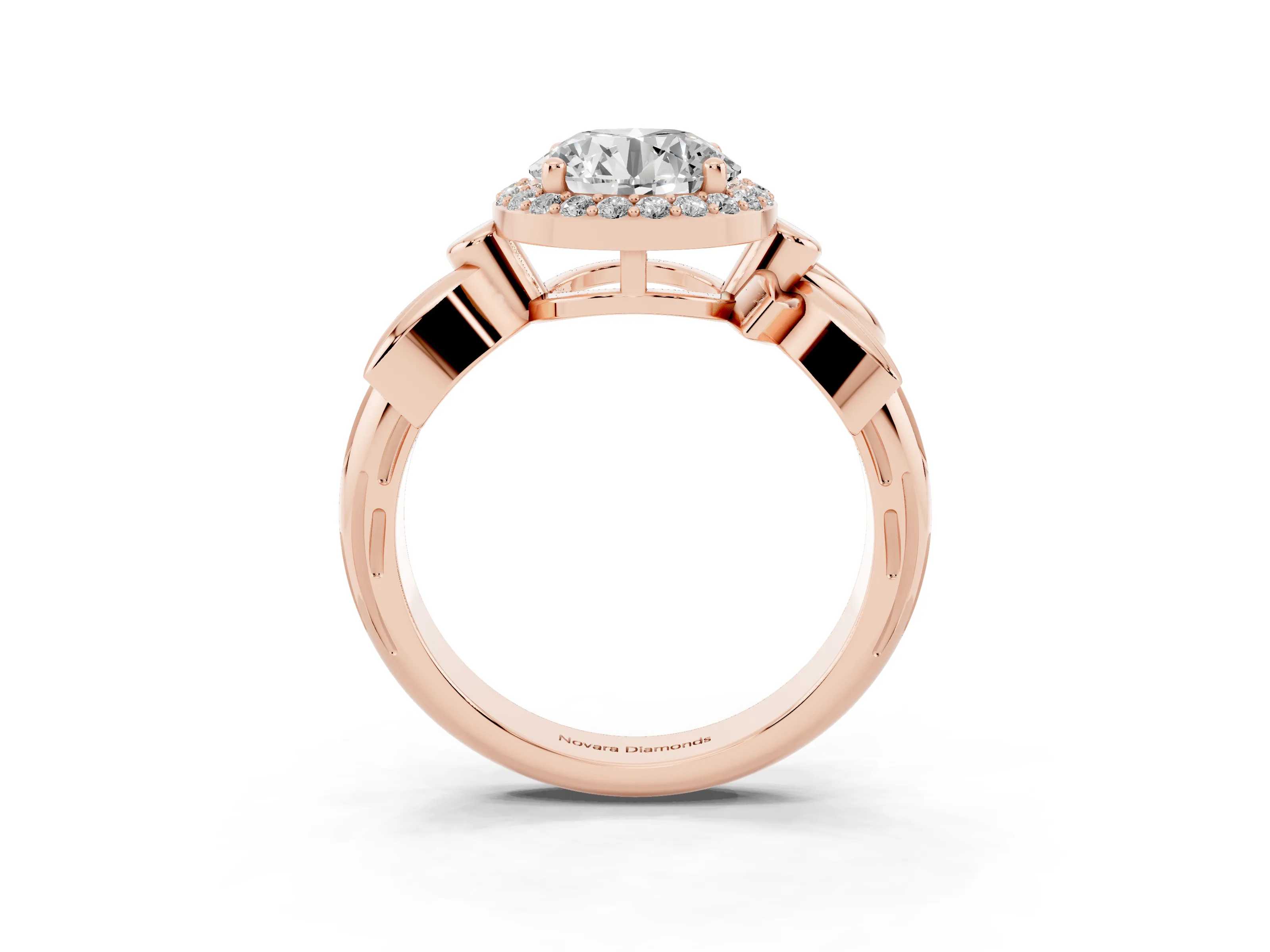 Round Cut Diamond Halo Floral Band Ring Set in Rose gold with Prong Setting
